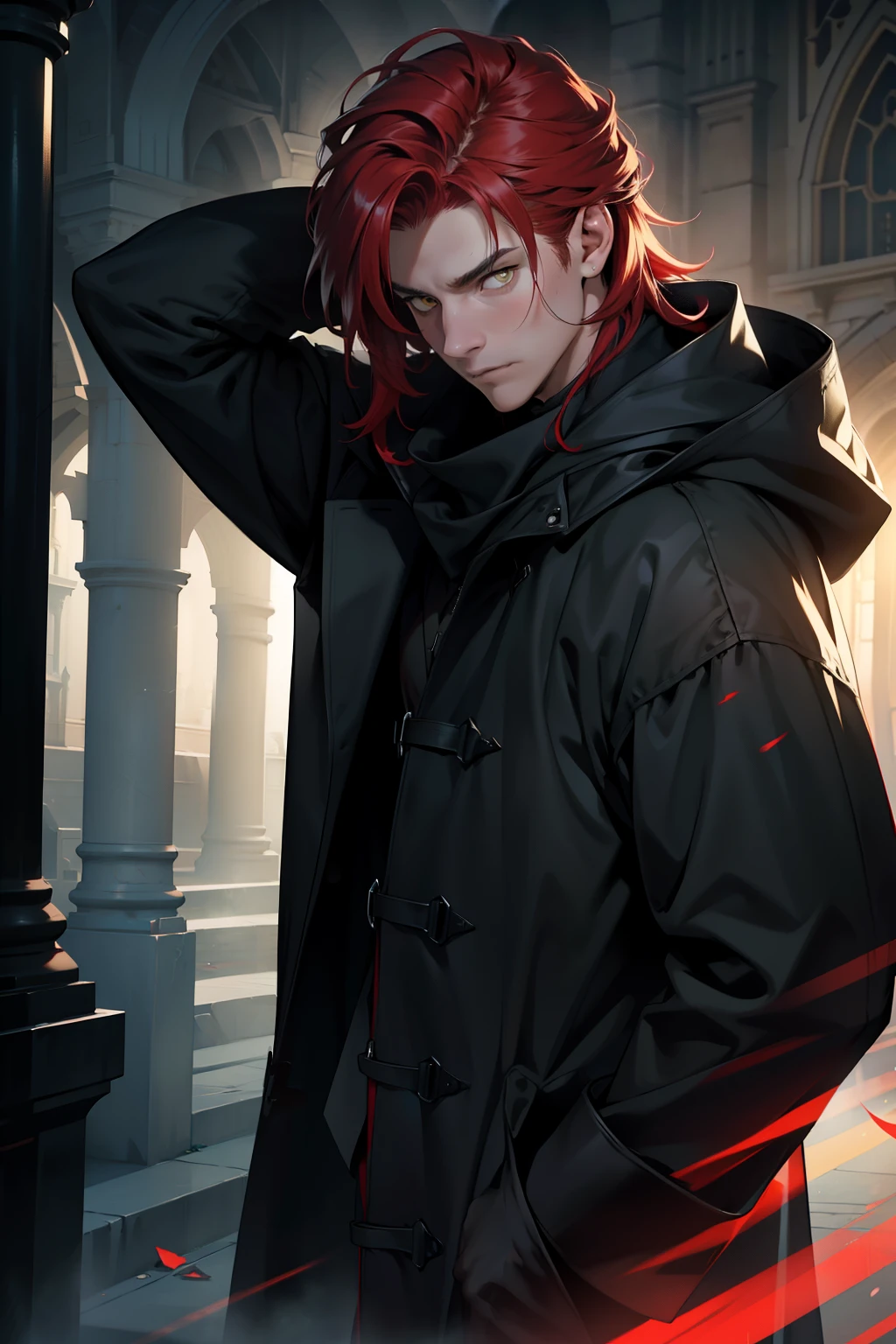 (RAW photo, 4k, masterpiece, high resolution, extremely complex) (realistic: 1.4), cinematic lighting, (((a male character))), Ground Focus, night, fog, medieval\(Style\), ( Best Quality), (Highres), (A black overcoat with a hood over his head),,(8k expressionless face),(Yellow Eyes),(ulzzang-6500:1.0),(solo),(red hair falling over his eyes ),(spectators),(without mask),lookside,(side),(mystery ambience),,((speed)),(reality),