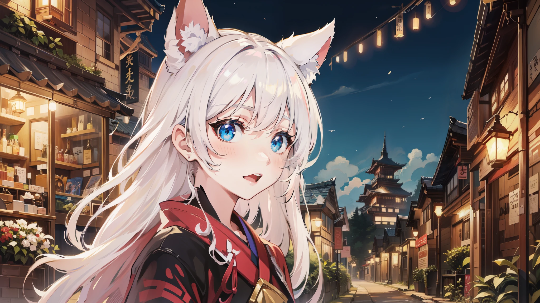 Anime girl with long white hair and blue eyes on the street, anime style 4k, anime art wallpaper 8k, anime art wallpaper 4k, anime art wallpaper 4k, anime wallpaper 4k, anime wallpaper 4k, beautiful anime cat girl, anime girl with cat ears, white cat girl, digital anime illustration, very beautiful anime cat girl, 4k anime wallpaper