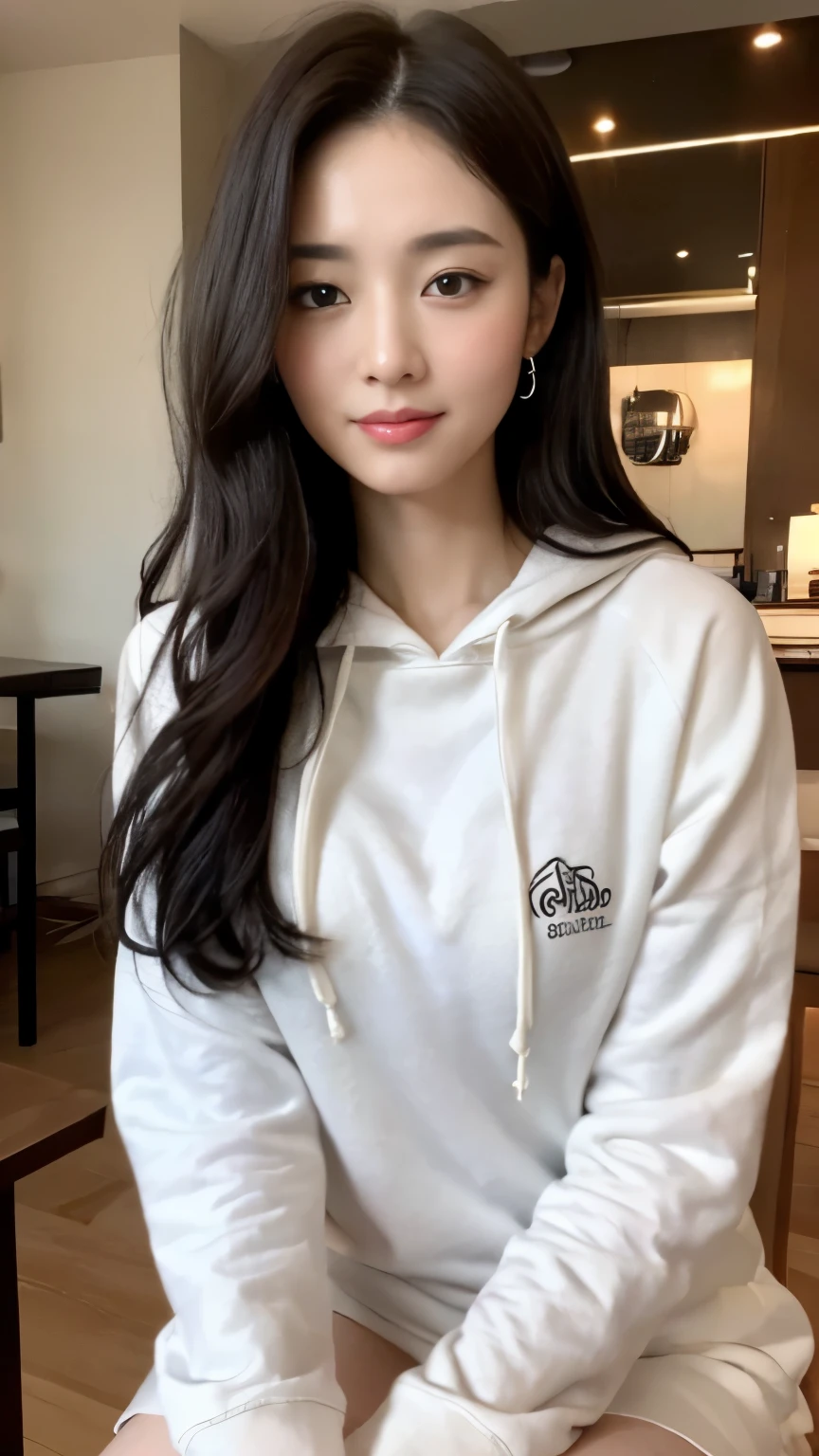 ((top-quality、8k、masterpiece:1.3))、Beautiful woman with perfect body:1.4、slim abdomen:1.2、Longhair, normal breast, Highly detailed facial and skin texture, A detailed eye, delicate eyes, double eyelid, (smile), (full body shot), (restaurant)), ((sitting on chair)), ((wearing white hoodie)), looking in front