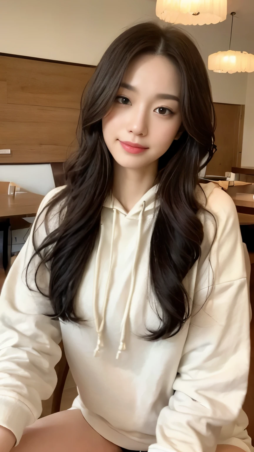((top-quality、8k、masterpiece:1.3))、Beautiful woman with perfect body:1.4、slim abdomen:1.2、Longhair, normal breast, Highly detailed facial and skin texture, A detailed eye, delicate eyes, double eyelid, (smile), (full body shot), (restaurant)), ((sitting on chair)), ((wearing white hoodie)), looking in front