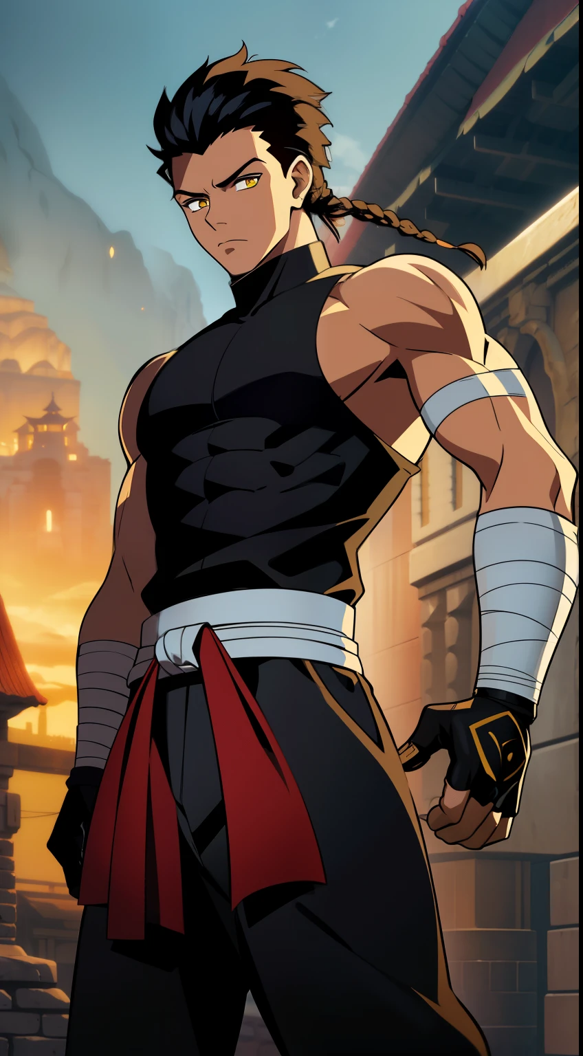 (high-quality, breathtaking),(expressive eyes, perfect face) 1boy, male, solo, young adult, black hair, dreadlocks, tied back hair, yellow eyes, short hair length, dark skin, soft serious expression, Monk profession, martial artist, well built body, sleeveless shirt, pants, knuckle bandages, gloves, environment background, fantasy clothing, fantasy attire
