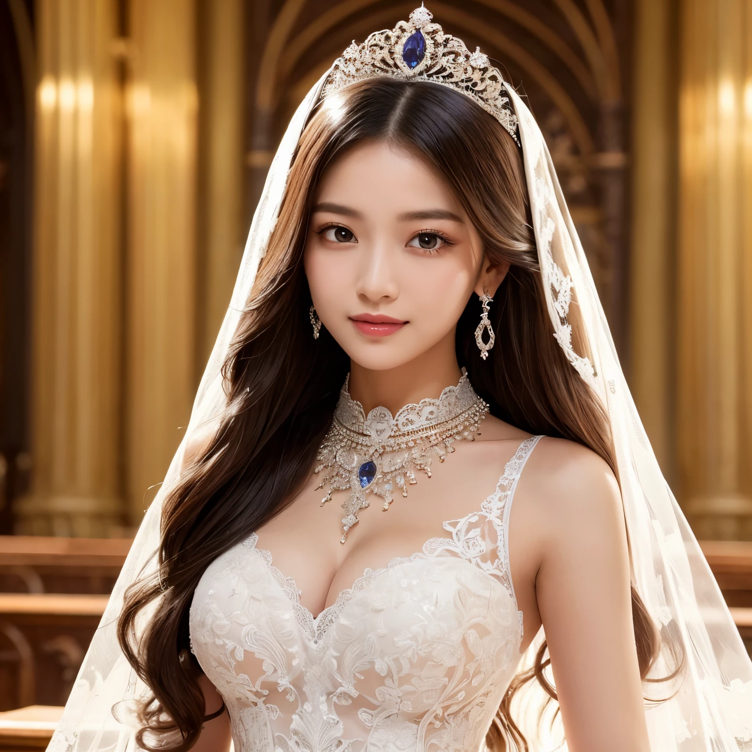 (table top、highest quality、8K、very detailed and intricate details、The most complex and detailed textures、ultra high resolution)、(1 very young 10 year old bride:1.2)、(perfect wedding lace:1.3)、(The most extravagant and finest giant wedding dresses:1.2)、(The most luxurious and highest quality giant tiara:1.2)、(The most luxurious and highest quality giant necklace:1.2)、(the biggest smile looking at me:1.1)、(Large amount of finest jewelry decorations:1.1)、The most luxurious and classy decoration、upper body photo、The most luxurious church wedding、elegant and modern church、Stylish and elegant contemporary church、Delicate and luxurious stained glass、upper body photo、the most extravagant wedding、perfect makeup、glossy bright lipstick、perfect mascara、beautiful eyeshadow、Lustrous and beautiful skin、long eyelashes、Super high-definition sparkling eyes、ultra high definition hair、ultra high resolutionの光沢のある唇、ultra high resolutionの完璧な歯、ultra high resolutionのかわいい顔、(Beautiful skin that shines very brightly:1.2)、(very bright and vivid:1.2)、(body facing straight ahead:1.3)