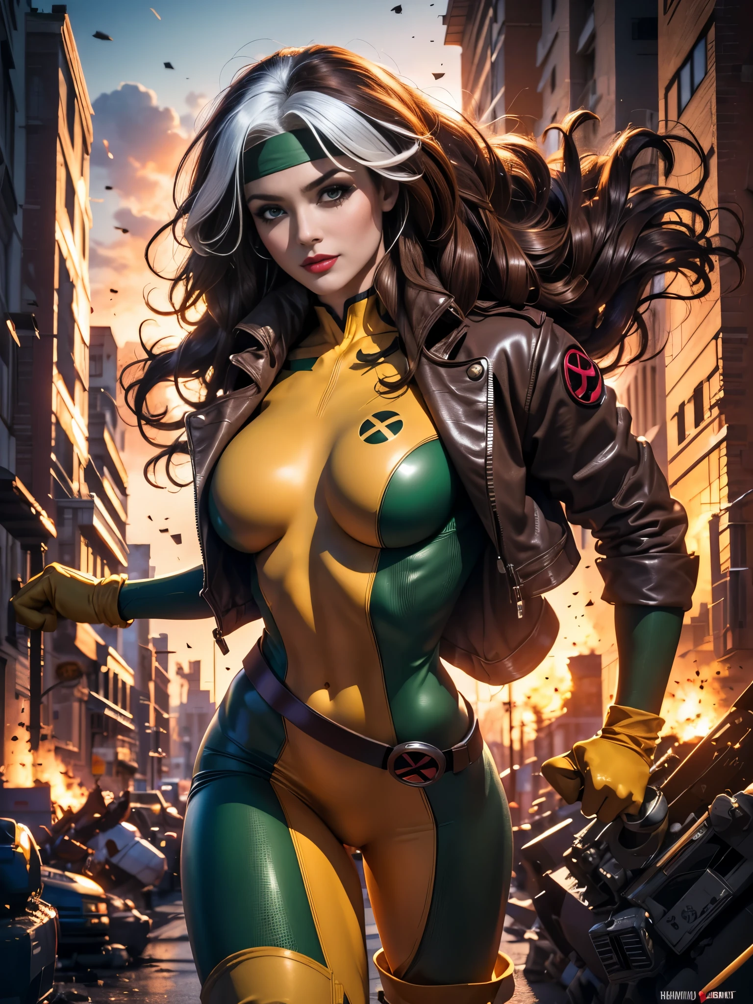 (masterpiece:1.0), (best_quality:1.2), (dark shot:1.3), Classic Rogue, 1991 Rogue X-Men, 1 girl, Only 1, full body shot, facing the viewer, leaping towards the viewer, fighting a giant robot, medium length hair, auburn hair, wavy hair, one lock of white hair, green eyes, fit figure, mischievous smirk, lips parted, medium breasts, headband, gloves, boots, jacket, belt, red lipstick, heavy makeup, lighting from above, (realism: 1.5), (Realistic: 1.4), (Absurdity:1.4), 8k, ultra-detailed, Detailed Beautiful Woman, very physically fit girl, (background: explosions and chaos), official art, extremely detailed CG unity 8k wallpaper, very dark lighting, Colorful, ultra high res, photography, 8K, HDR, Kodak portra 400, film grain, blurry background, (bokeh:1.2), film grain:1.2, (warm hue, warm tone:1.2), (color photo), professional photograph