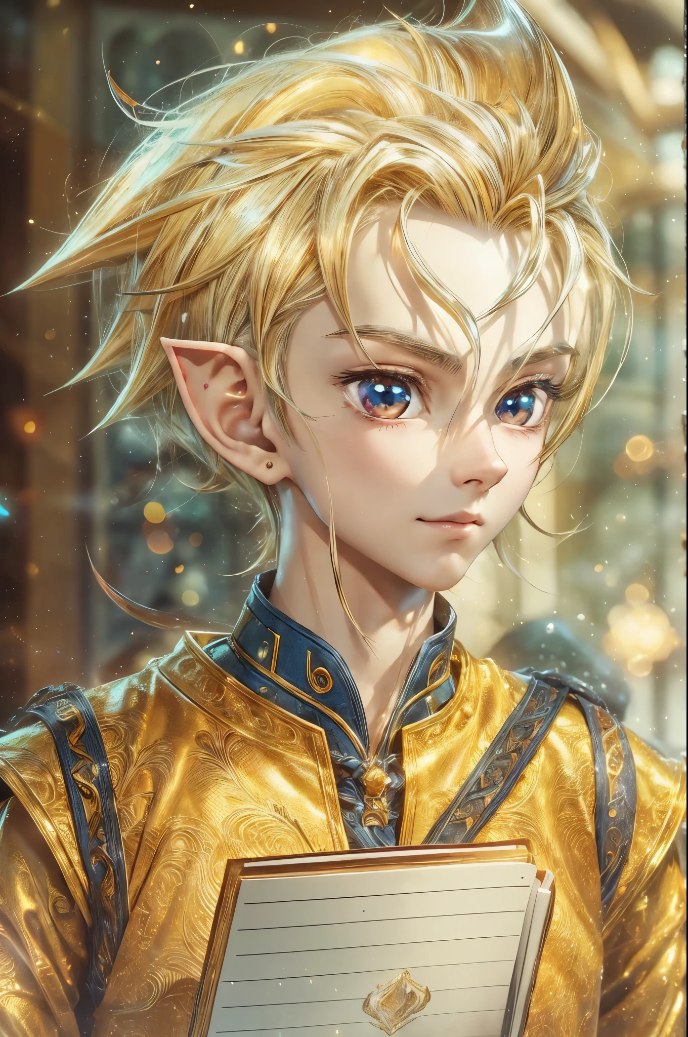 (master piece), 8k, best quality, elf boy, naïve, male, teenager, , white skin, thin body, pointed elf ears, beautiful finely detailed silver eyes, high forehead, yellow blonde spiky hair like Gohan from the anime dragon ball (super sayajin), Incredibly handsome, conservative elven outfit, looking at notebook