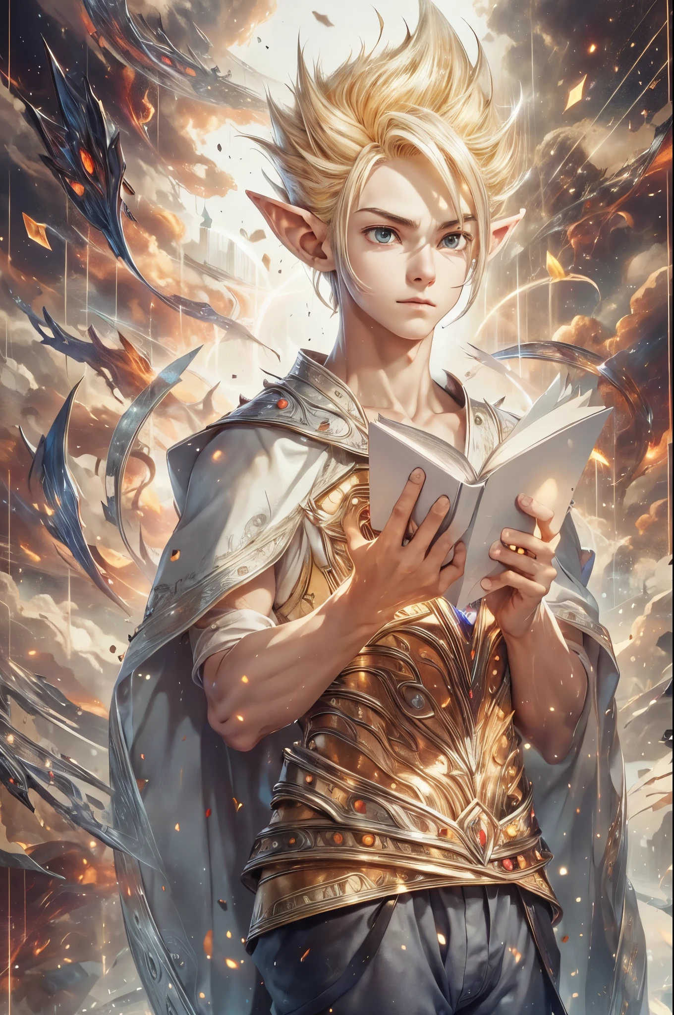 (master piece), 8k, best quality, elf boy, naïve, male, ager, 14 yite skin, thin body, pointed elf ears, beautiful finely detailed silver eyes, high forehead, yellow blonde spiky hair like Gohan from the anime dragon ball (super sayajin), Incredibly handsome, conservative elven outfit, looking at notebook