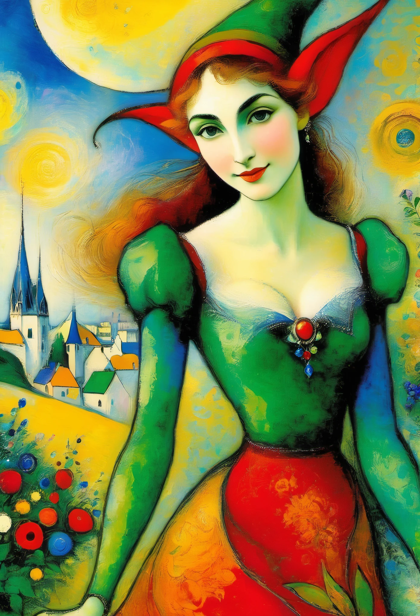 Super detail beautiful elf-girl 30 years old ((Marc Chagall style)), magical naive art, primitivism, protogen, ((Best quality, masterpiece)), ((((Highest detail), Impressionism:1.1, 8K