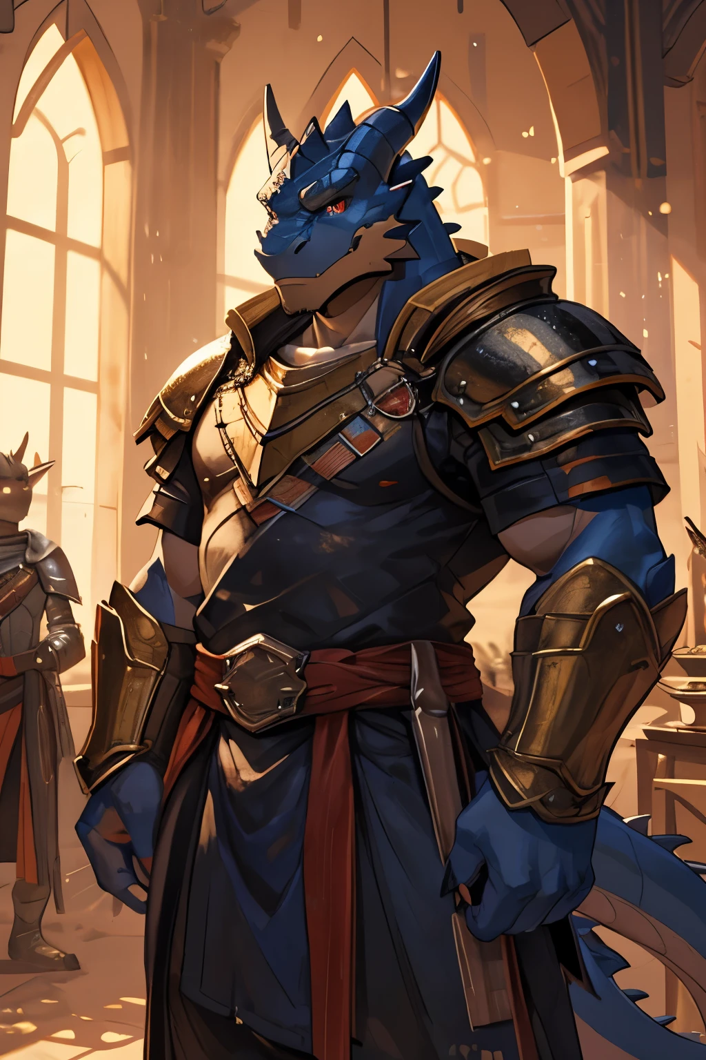 1boy, ((dragonborn)), blue scales, red eyes, big eyes, ((claws instead of hands)), ((gold armor)), ((full armor)), strong, brave, chubby, (detailed face), (golden shield), full body