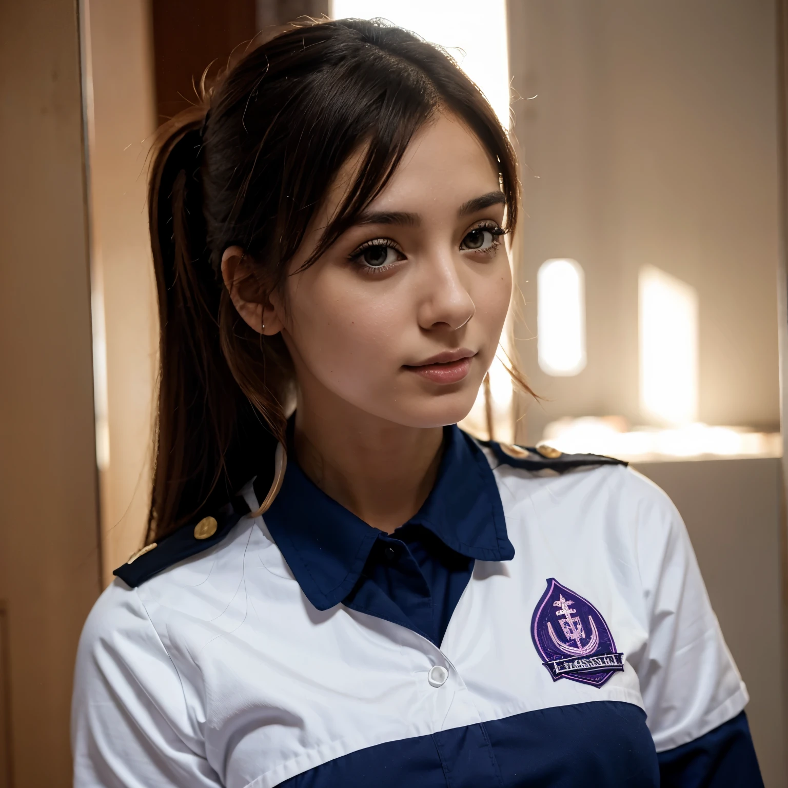 Una chica anime con su uniforme y de pechos grandes
