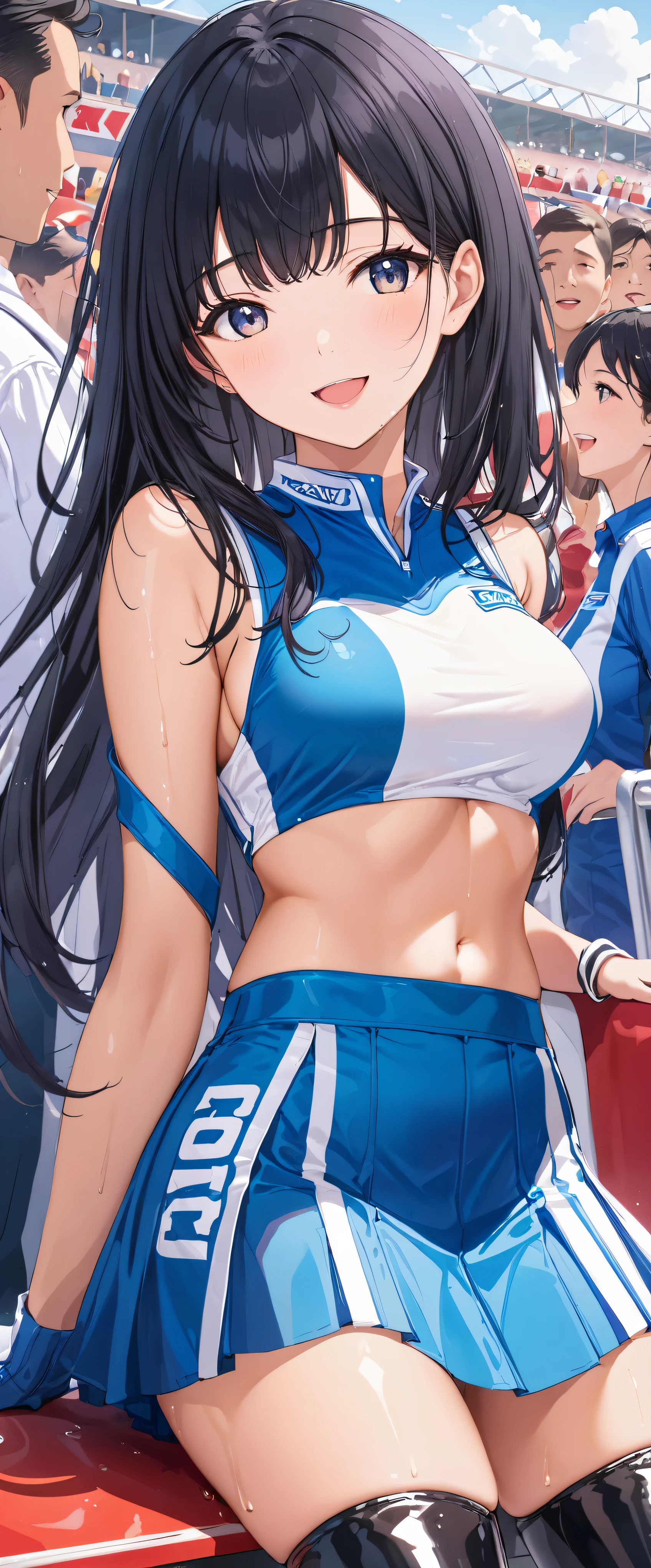 1 female,black hair,25 years old,(((Gorgeous lace queen'Reveal uniforms,tight mini skirt)))(((blush、open mouth smile)),(((straight hair))),(((portrait))),crowd,,(wet with sweat)(leather thigh high boots)(((beautiful breasts)))((sit))