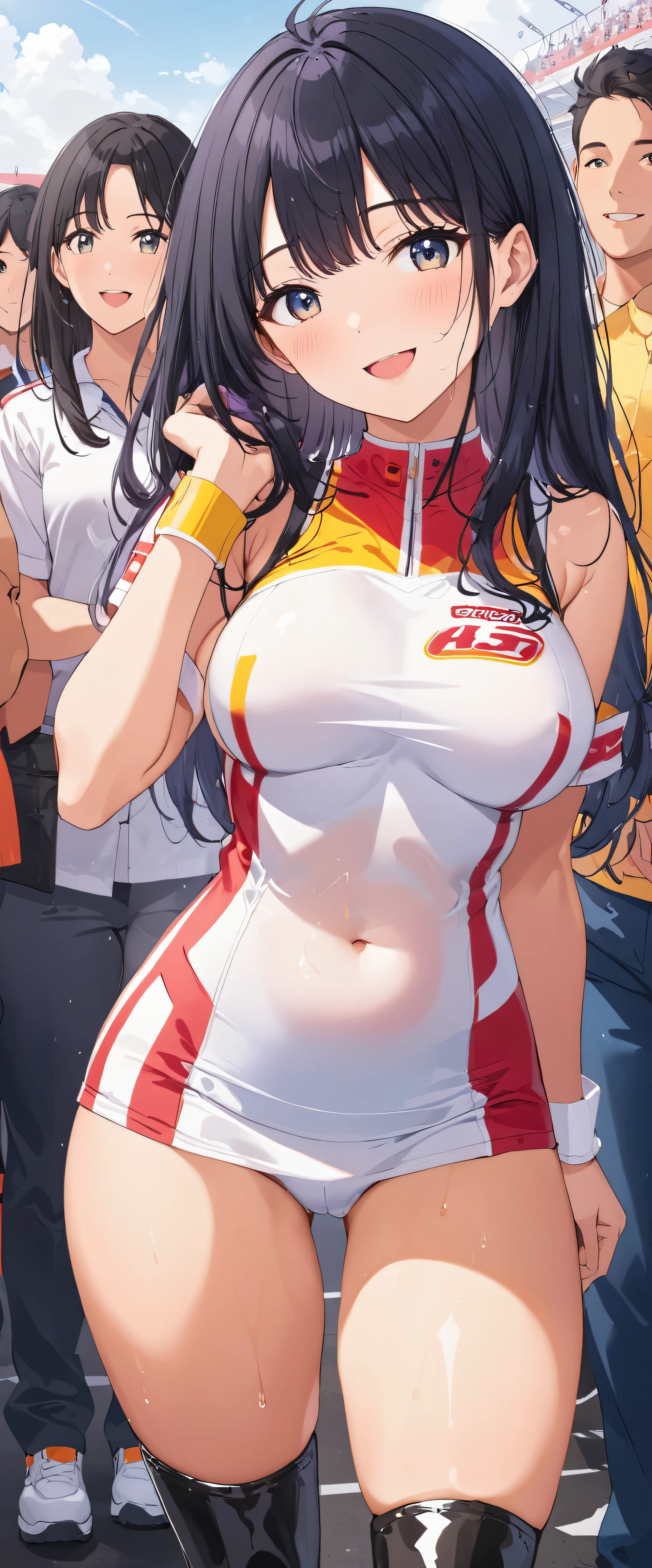 1 female,black hair,25 years old,(((Shiny race queen uniform with exposed navel)))(((blush、open mouth smile)),(((straight hair))),(((portrait))),crowd,,(wet with sweat)(leather thigh high boots)(((beautiful breasts)))
