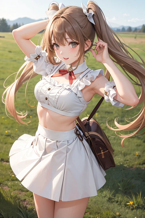  woman, light brown hair, long hair, pigtails, short white skirt with shoulder straps and a bow, wind blowing skirt, white platform heels, forest