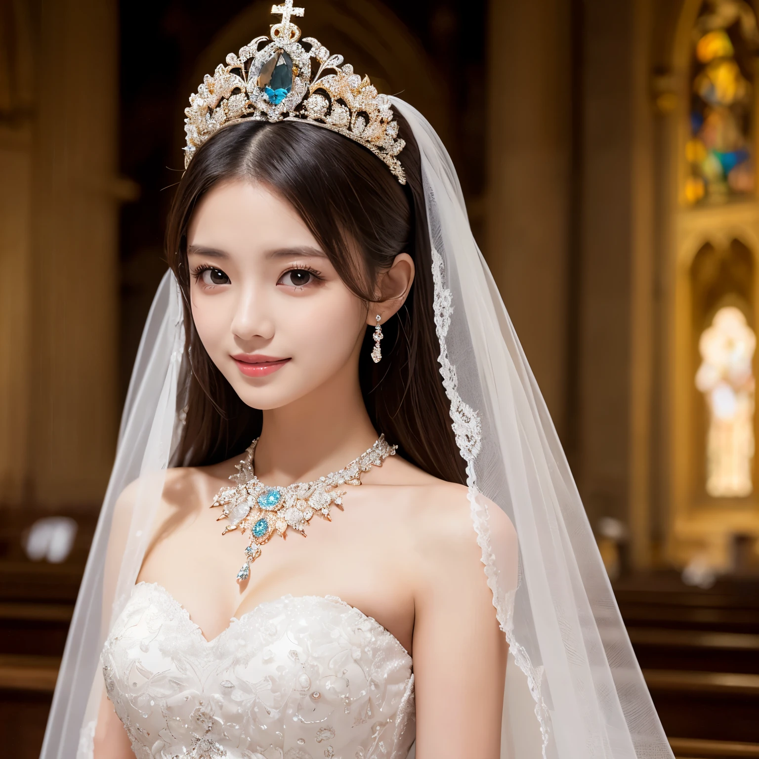 (table top、highest quality、8K、very detailed and intricate details、The most complex and detailed textures、ultra high resolution)、(1 very young 10 year old bride:1.1)、wedding lace、(The most extravagant and finest giant wedding dresses:1.1)、(The most luxurious and highest quality giant tiara:1.1)、(The most luxurious and highest quality giant necklace:1.1)、the biggest smile looking at me、(Large amount of finest jewelry decorations:1.1)、The most luxurious and classy decoration、upper body photo、The most luxurious church wedding、elegant and modern church、Stylish and elegant contemporary church、Delicate and luxurious stained glass、upper body photo、the most extravagant wedding、perfect makeup、long eyelashes、Super high-definition sparkling eyes、ultra high definition hair、ultra high resolutionの光沢のある唇、ultra high resolutionの完璧な歯、ultra high resolutionのかわいい顔、(Beautiful skin that shines very brightly:1.1)、(very bright and vivid:1.1)、(body facing straight ahead:1.1)、(A symmetrical, straight-on composition:1.1)