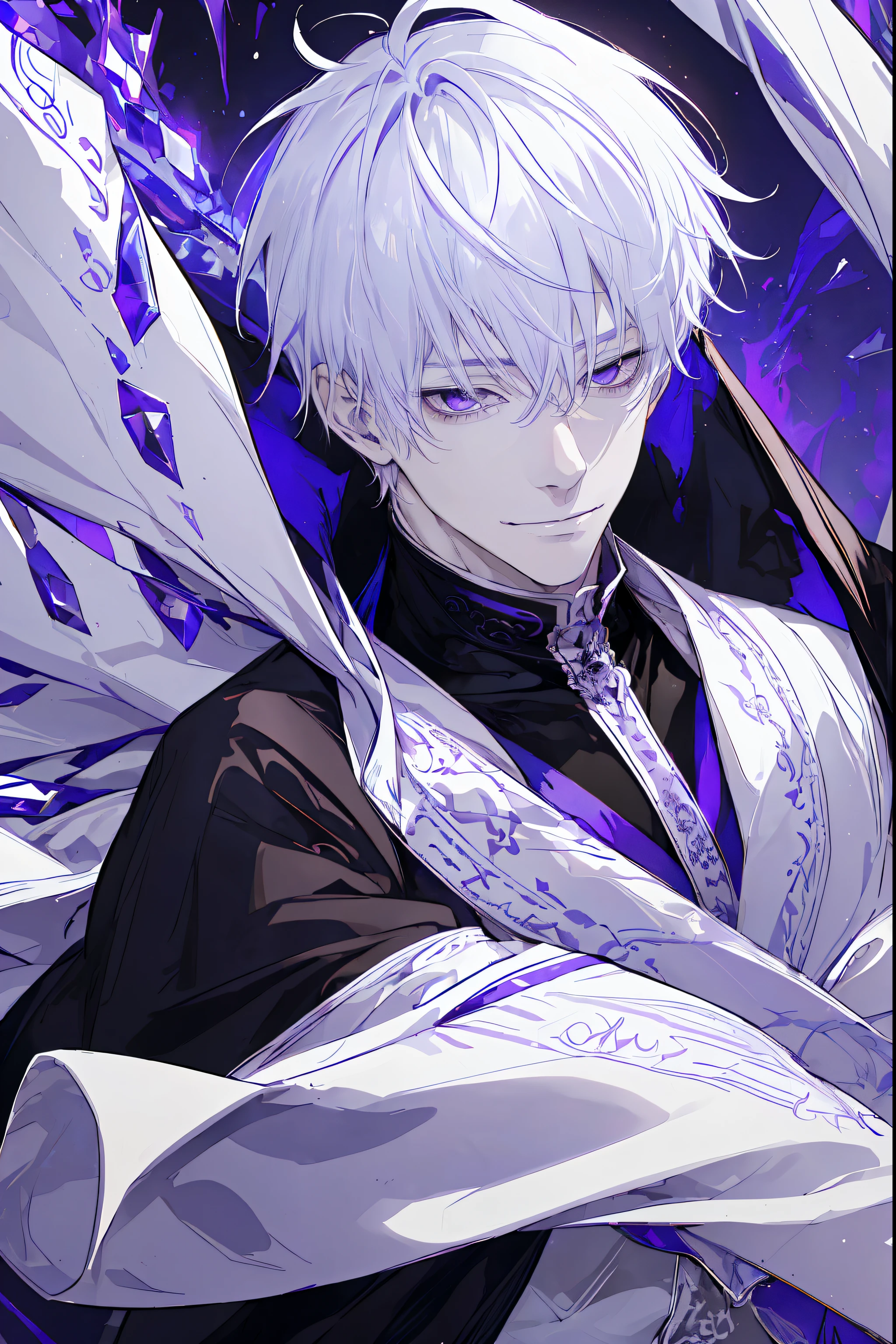 1 man、have white hair、purple-white eyes、insane smile、messy short hair、Portrait 、handsome, black coat, I can&#39;t see my hand.