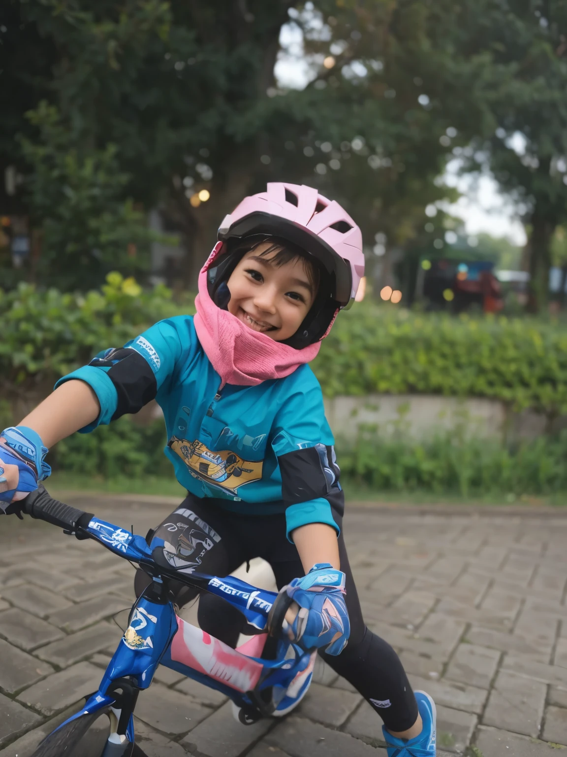8K,masterpiece, baby face 9 year old girl,from the front,smile,cute,innocent face,innocent,gentle eyes,Childish,plain t-shirt,short sleeve,A short blue checked skirt,semi-long,hair blowing in the wind,black hair,Slightly strong wind,noon,bright,sitting, curvy body
