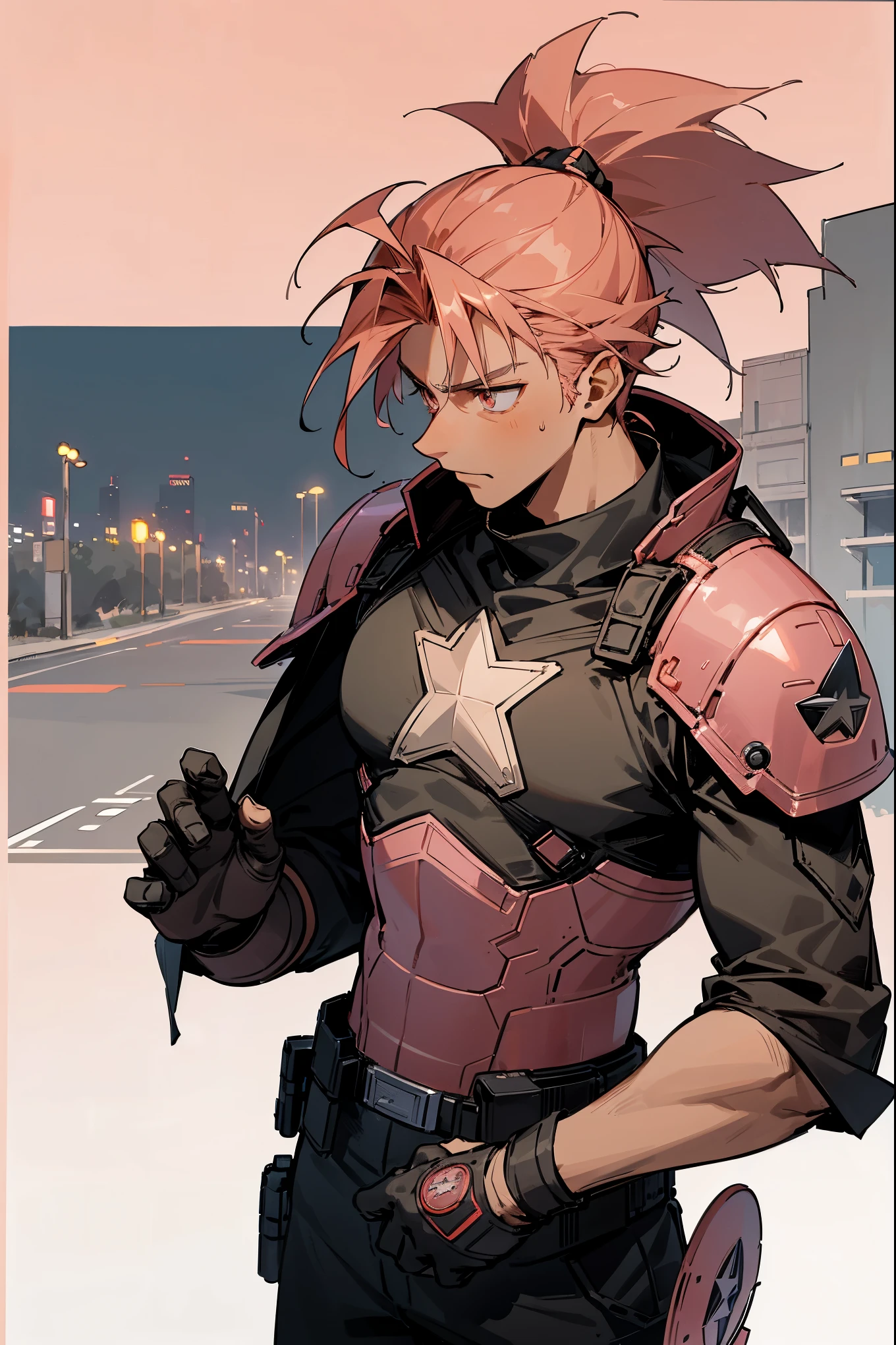 adult male, adult, Brown Skin , Messy Hair , Spiky Hair , Short Spiky Ponytail , Salmon Pink Hair , Salmon Pink Eyes , Black Military Combat Clothing with a white star system on the chest , Black Captain America Shield held on arm , Modern City Background , Standing on Sidewalk, black captain america clothing, black clothing