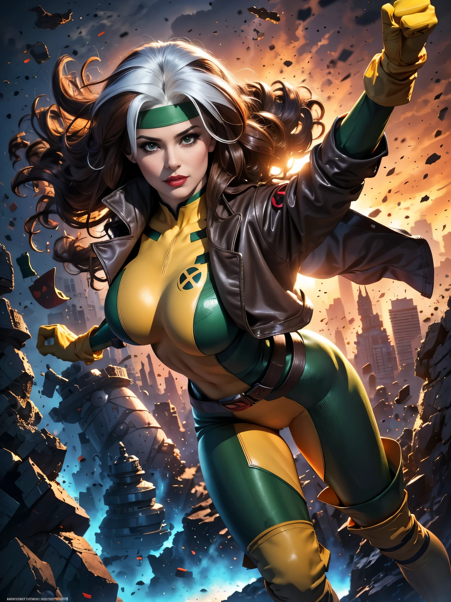 (masterpiece:1.0), (best_quality:1.2), (dark shot:1.3), Classic Rogue, 1991 Rogue X-Men, 1 girl, Only 1, full body shot, facing the viewer, leaping towards the viewer, medium length hair, auburn hair, wavy hair, one lock of white hair, green eyes, fit figure, mischievous smirk, lips parted, medium breasts, headband, gloves, boots, jacket, belt, red lipstick, heavy makeup, lighting from above, (realism: 1.5), (Realistic: 1.4), (Absurdity:1.4), 8k, ultra-detailed, Detailed Beautiful Woman, very physically fit girl, (background: surface of another planet), official art, extremely detailed CG unity 8k wallpaper, very dark lighting, Colorful, ultra high res, photography, 8K, HDR, Kodak portra 400, film grain, blurry background, (bokeh:1.2), film grain:1.2, (warm hue, warm tone:1.2), (color photo), professional photograph