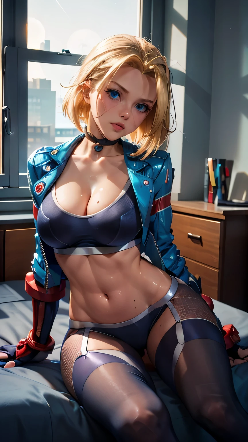 Photo of cammy white, sitting on bed, sexy lingerie, blue jacket, apartment, window, moon visible from window, camera flashes, sexy pose, sweating, seductive look, cleavage, busty, sparkle, lens flare, with her long blonde hair, blue eyes, closeup,