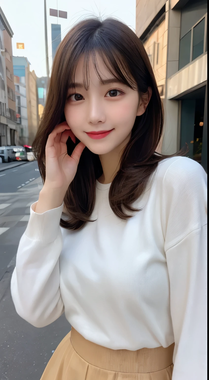 table top, highest quality, shape, Super detailed, finely, High resolution, 8k wallpaper, 完璧なダイナミックな構shape, finelyて美しい目, medium hair, small breasts, natural color lip, random sexy pose,smile,20 year old girl、beautiful and detailed face、perfect and beautiful face,Big eyes、Blurred big city background、long sleeve blouse、flare skirt、small face、slim face and body、Smile
