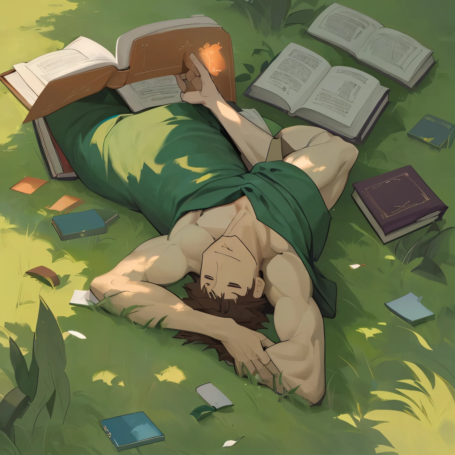 a guy lying on the grass while holding a book to his chest, aerial view