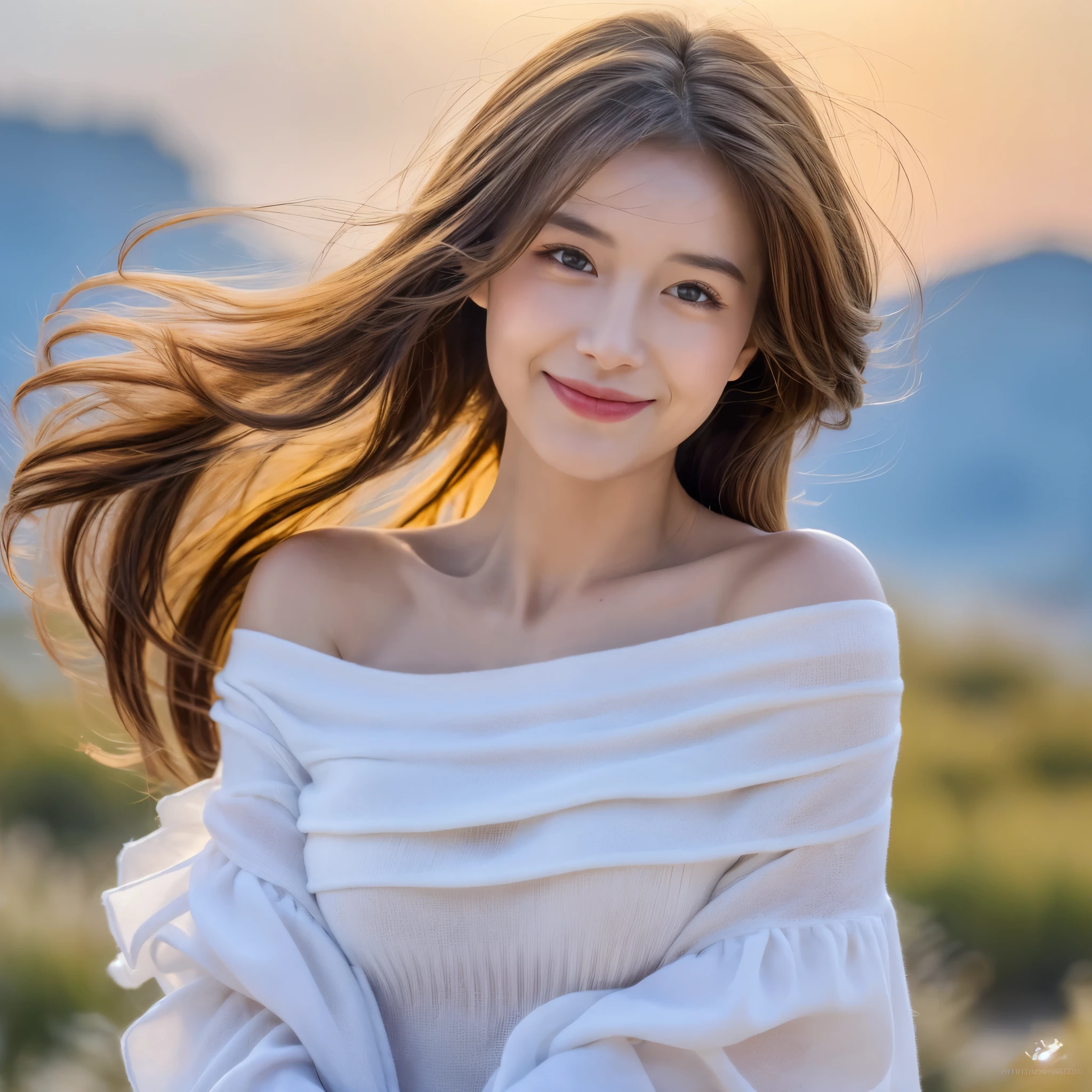 (( realistic light, best quality, 8K, masterpiece :1.3)), 1 girl,Super detailed face, delicate eyes, double eyelids, Smile, Beautiful slim woman :1.4, Korean, pale skin, (Flowing silky brown curls, Hair flutters in the wind, Moderate_breast :1), (Deep cleavage), white off shoulder shirt:1.2, Long sleeves blown by the wind, (a lot of sweat:1),night on top of mountain,starry sky,cloud