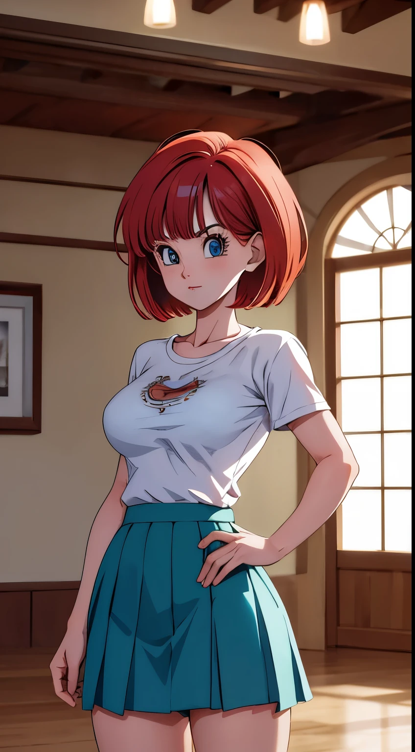 masterpiece, highest quality, High resolution, Dragon Ball, Brumid, aqua hair, medium hair, dull bangs, red hair band, medium breasts, shirt, skirt, cowboy shot, indoors, Are standing,