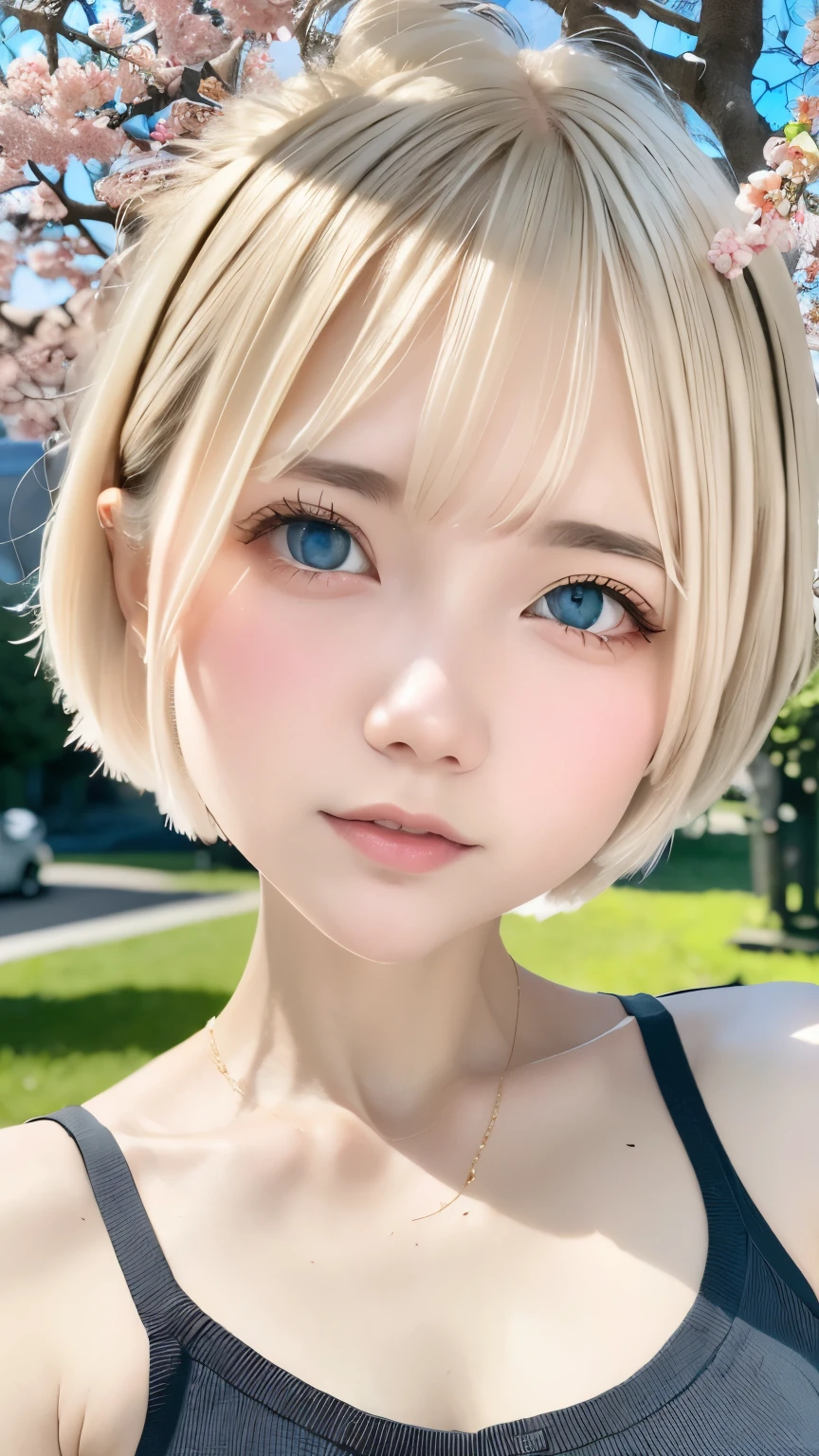 table top:1.2, high quality, 最high quality, High resolution, become familiar with, surreal, with a girl, very short gray hair, pixie cut hair, blue eyes, head tilt, sunset, Cherry Blossom, portrait, closed my eyes, 笑face, (become familiar with face), ((sharp focus)), ((face)), Upper body_body