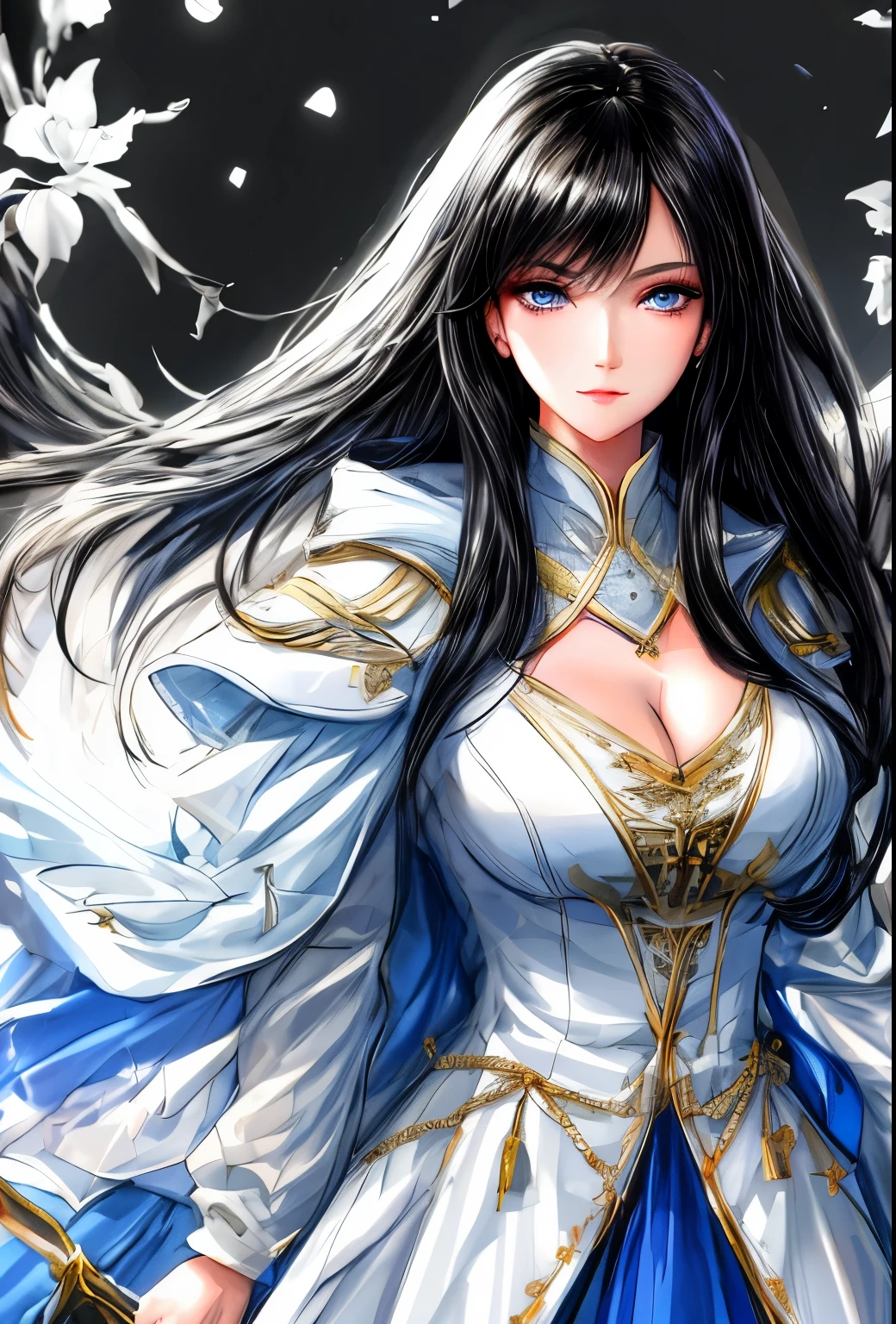 1womanl, Dark Blue Hair, long hair, white outfit.