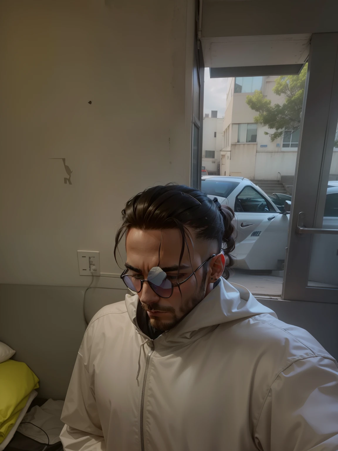 There's a man with a Nike jacket and hair stuck to the side