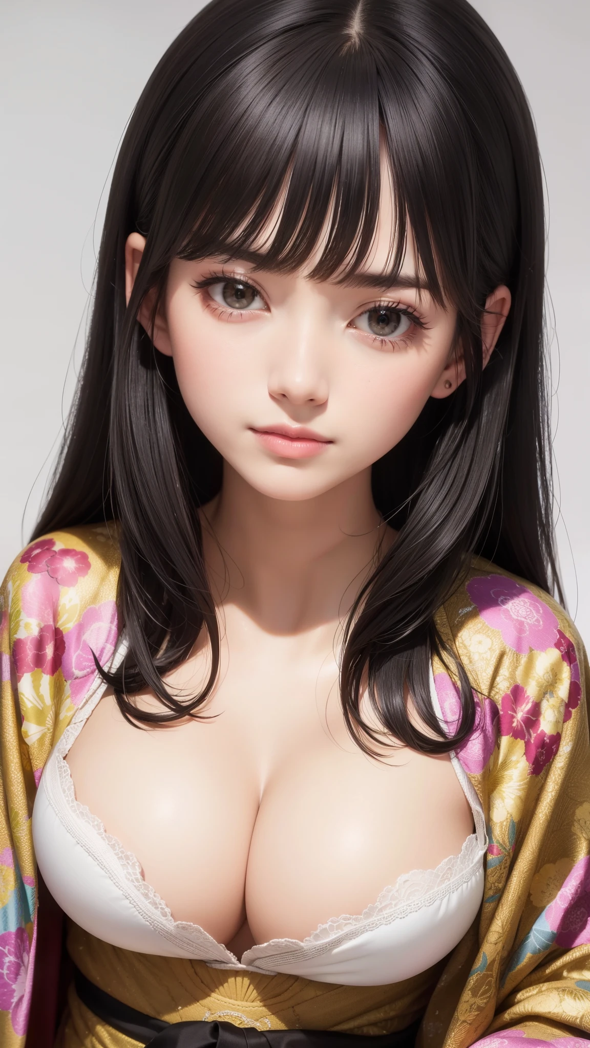 ((best quality)), ((muste piece)), (detailed face), (highlight), princess、、blunt bangs、black hair、Kimono with detailed pattern、