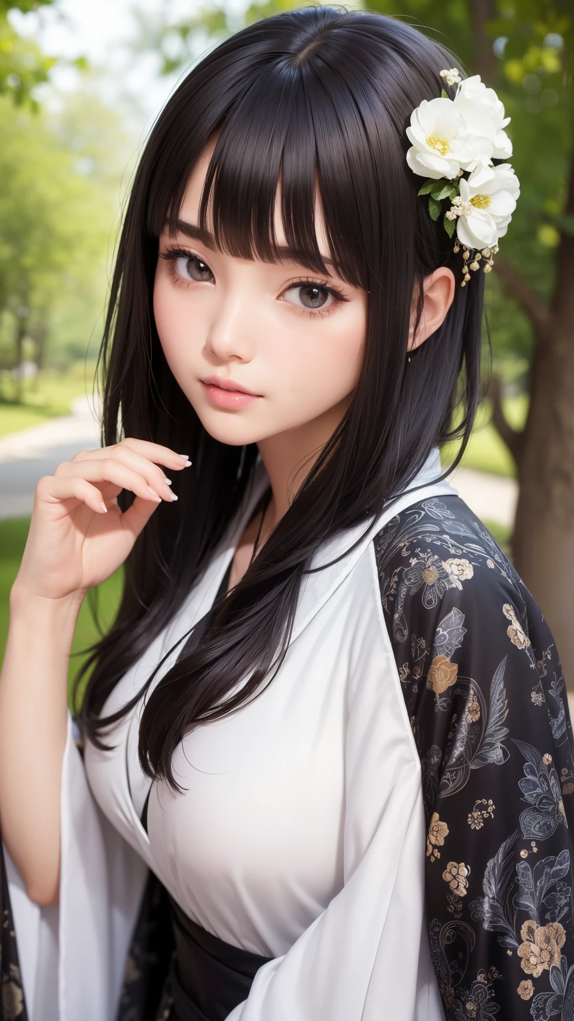((best quality)), ((muste piece)), (detailed face), (highlight), princess、Big breasts、blunt bangs、black hair、Kimono with detailed pattern、