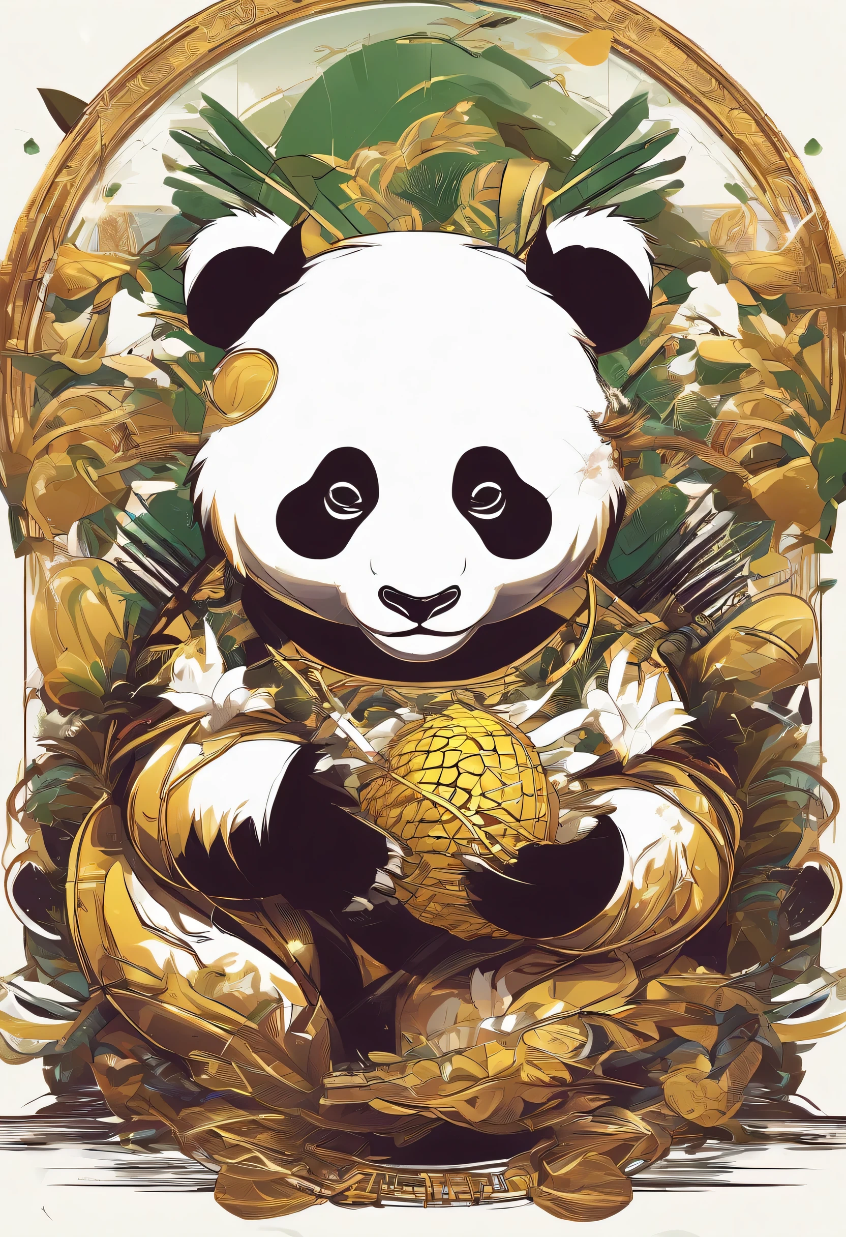 Animated scene with giant panda theme,Roar shows great power., The background is a full moon.。, There are bamboo fighting groups in many areas.,gas station trends, Beautiful artistic illustration, Drake-style digital art details, fantasy动漫插画, Gurwitz style artwork, Digital illustration of the poster logo, author:Yang Jie, Durian from different regions, There are also gold and silver coins flying all over the floor.. Pixiv Contest Winners, Popular topics on artstation pixiv, Brand product logo 5 stars, bamboo industry, fantasy, The dark side,