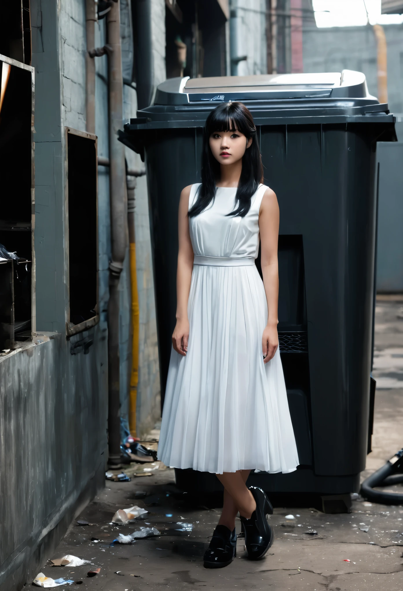 ((masterpiece, best quality)),a girl, solo, dress, standing, halo, alley, outdoors, bangs, white dress, black hair, long hair, black footwear, industrial pipe, looking at viewer, air conditioner,dark lighting, garbage, garbage bin, hxh2011 