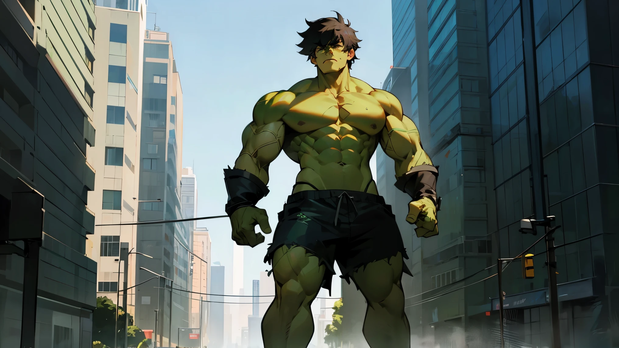 1male , Muscular , Messy Hair , Black Hair , Green Skin , Green Eyes , Serious Expression , Bulky , Defined Build , Shirtless , The Hulk , Black Combat Shorts , Standing on sidewalk , Modern City Background , Facing Viewer , Perfect Generation