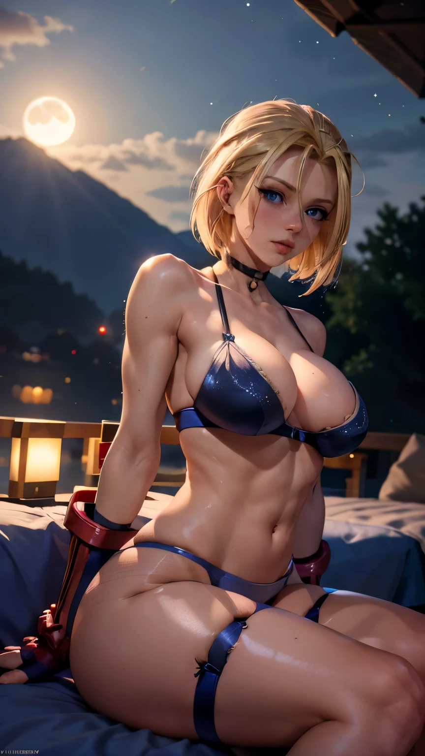 Photo of cammy white, sitting on bed, sexy lingerie, luxury lounge, nighttime, outdoor relaxation, full moon visible in sky, sexy pose, sweating, seductive look, cleavage, busty, sparkle, lens flare, with her long blonde hair, blue eyes, closeup,