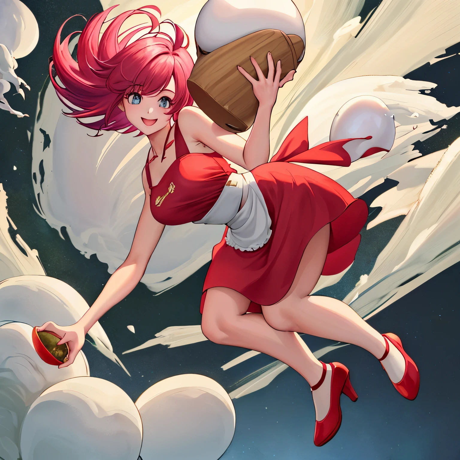 lacus4, (woman holding a steaming flavored egg bomb, apron, red heels, detailed hands, 4K, Best Quality, Realistic style: 1.0, curious expression, (kitchen, bright lighting), High resolution, lacus4), 1girl, Solo, (curvy figure, dressed in an apron), holding a large, steaming egg bomb with a pair of detailed hands, (flavored with various herbs and spices), smiling curiously at the bomb, (detailed eyes with a spark of excitement), bare shoulders, (high resolution, crisp focus), (vibrant colors of the herbs and spices contrasting against the white background), (