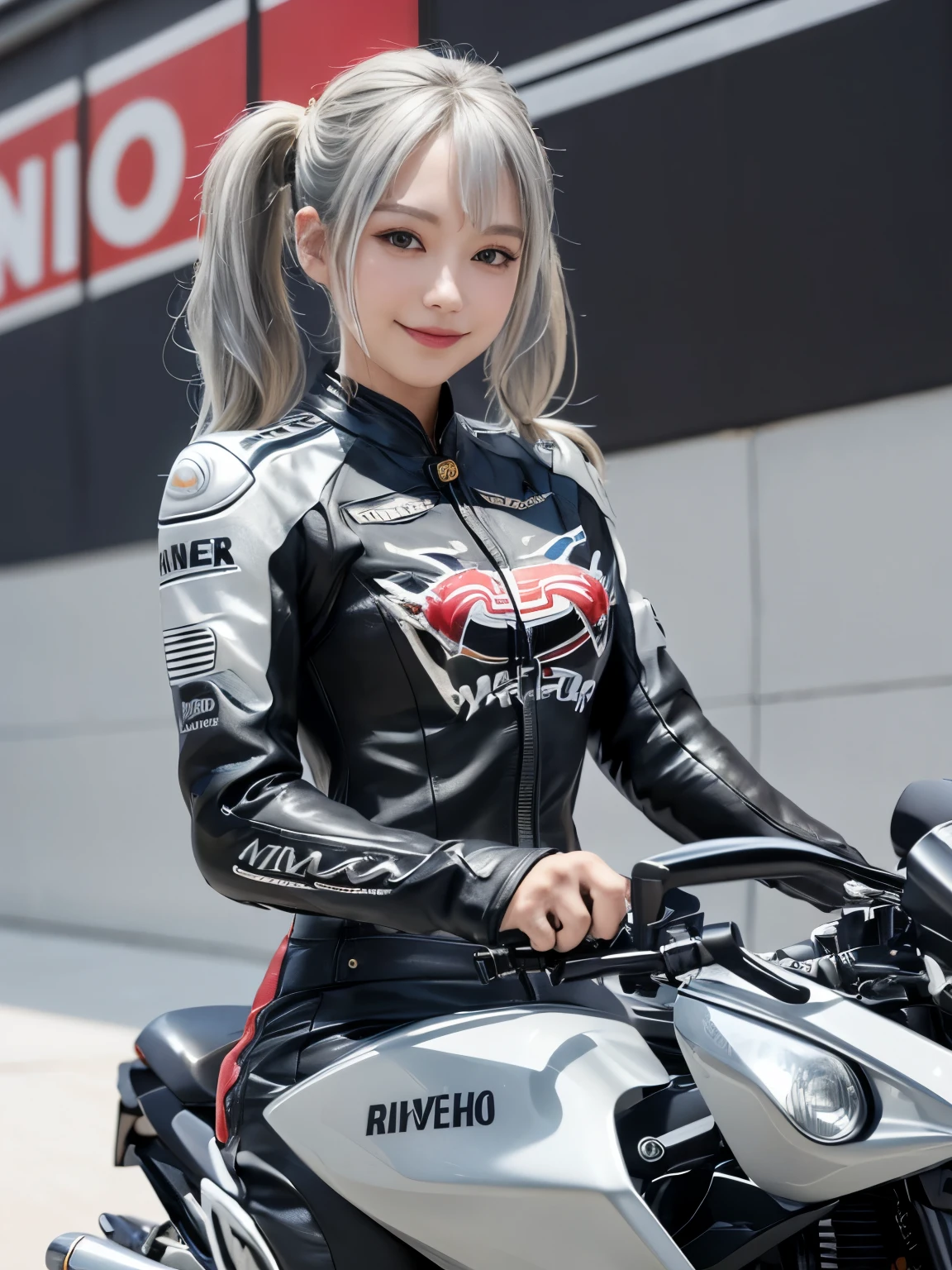 ((highest quality)), ((masterpiece)), (detailed motorcycle), perfect face、Accurate five-fingered hands、double eyelids、small face、realistic skin texture、full body shot、long legs、Beauty、((silver rider suit and pants))、smile、slender body、Moist eyes、((riding a motorcycle))、twin tails