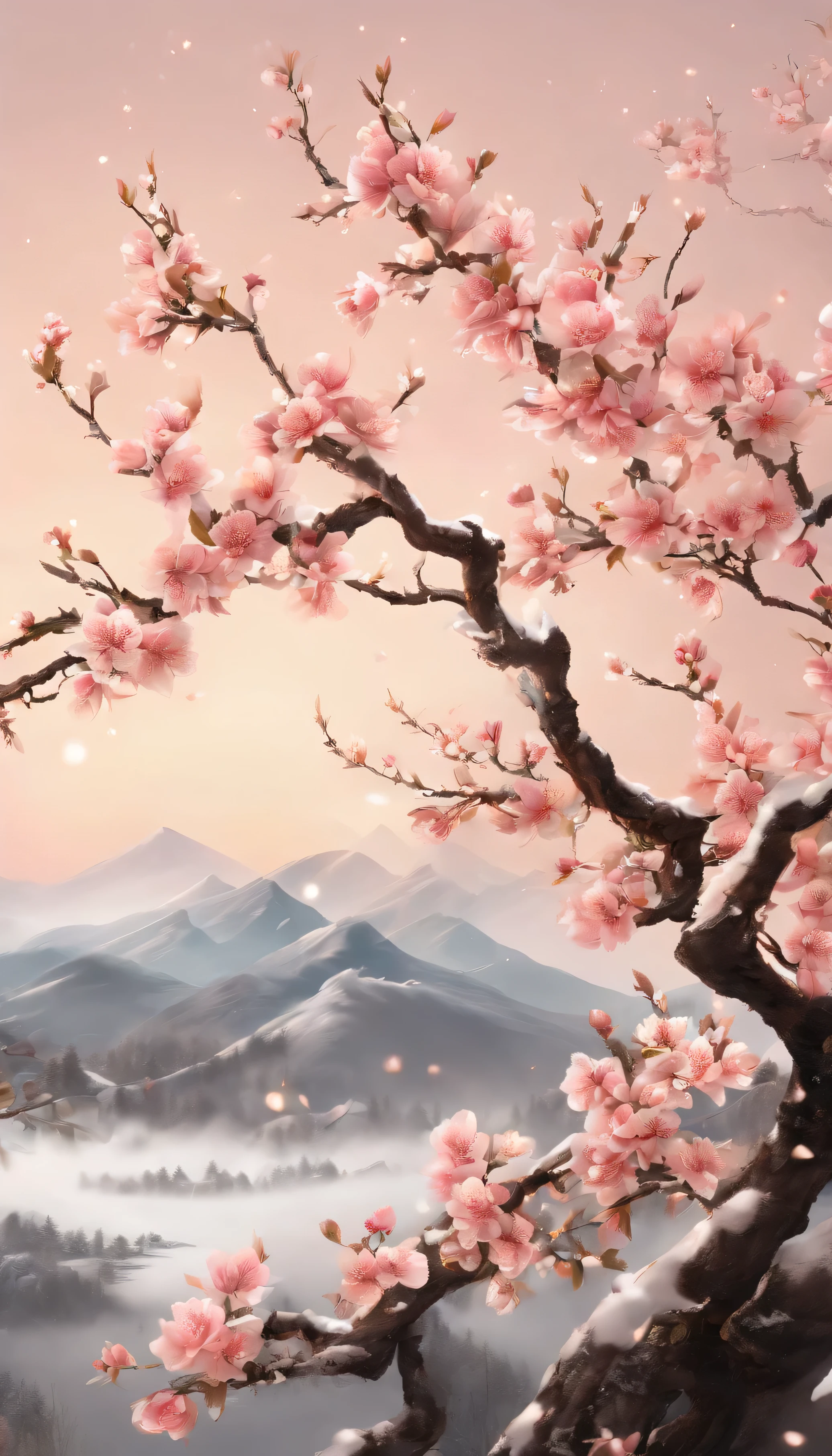 Peach blossom branches，Medium close-up shot at 15 degrees elevation angle，petal，Peach blossoms fly，Top daylight，Refreshing style，Snowy mountains in the distance，Super clear picture quality