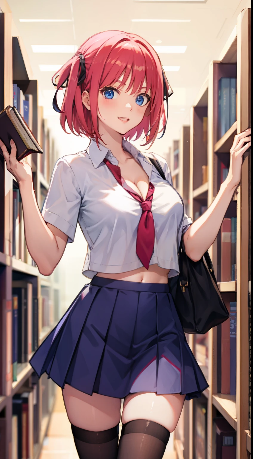 nakano nino, short hair, medium breast, slim legs, happy, cleavage, short skirt, navel, blue eyes, school uniform, thigh high socks, standing, library, pink hair