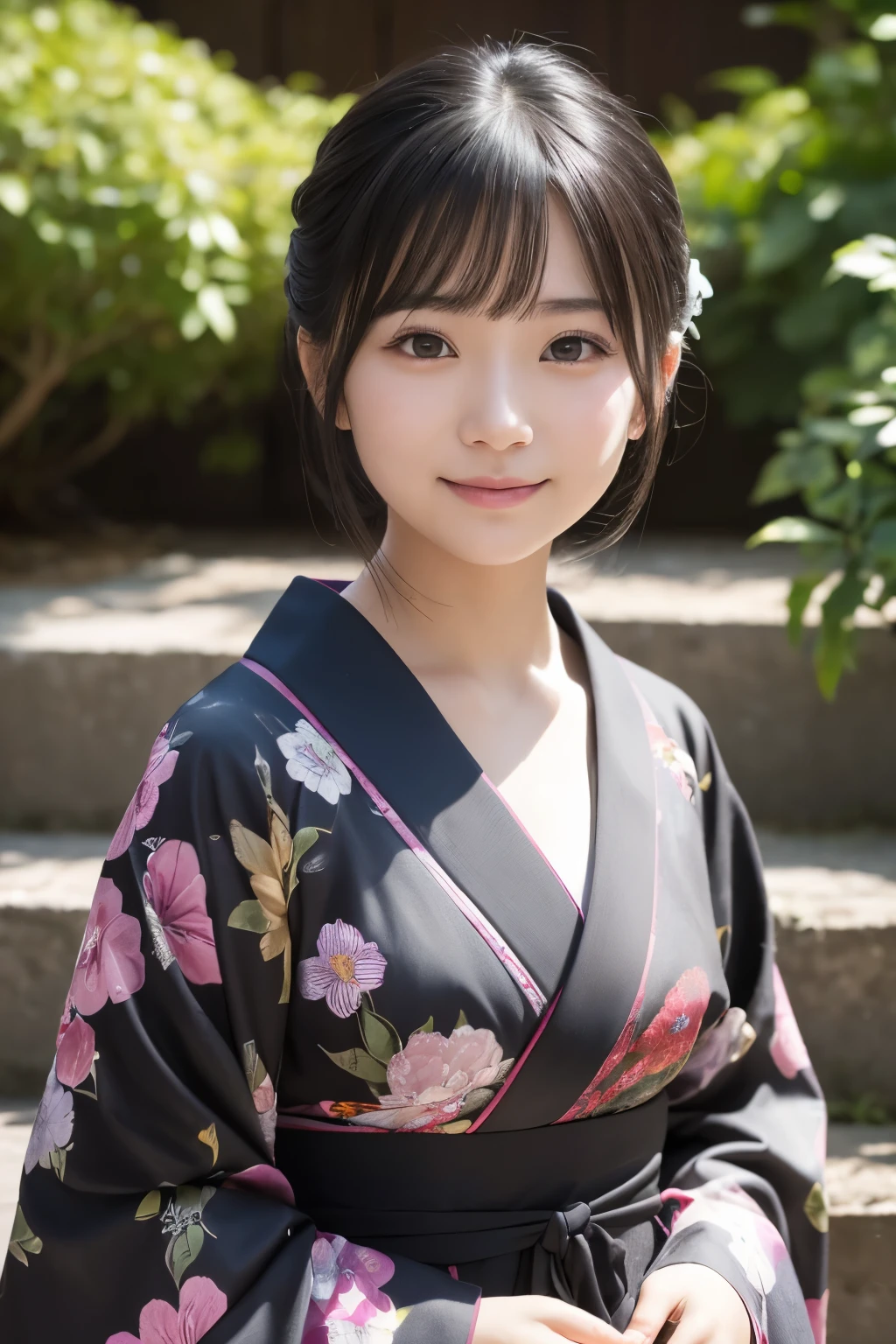 （kimono）、Random pose、(top quality,​Masterpiece:1.3,ultra high resolution,),(super detailed,Caustics),(realism:1.4,Original photography,)Ultra-realistic capture,a very detailed,High resolution 16k human skin closeup、 natural skin texture、、Skin looks healthy and even-toned、 Use natural light and color,1 girl,Japanese,kawaii,A black-haired one,Zhongfa,,Smile,,(depth of field、Color difference、、Wide lighting range、natural shadow、)、Half-length photo