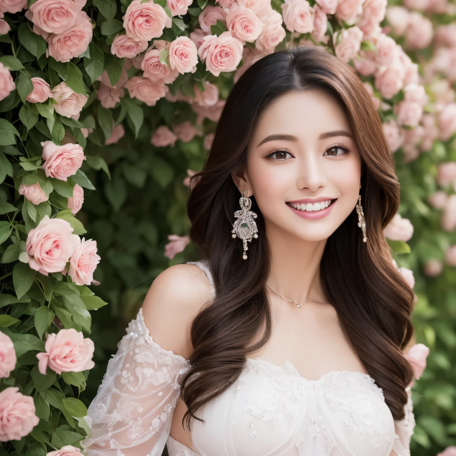 (highest quality、table top、8k、best image quality、Award-winning work)、(1人のpregnancyした花嫁:1.1)、pregnancy、(solo:1.1)、upper body photo、The most extravagant and finest giant wedding dresses、The most luxurious and highest quality giant tiara、The most luxurious and highest quality giant necklace、the biggest smile looking at me、Large amount of finest jewelry decorations、(The most luxurious and gorgeous flower garden background:1.1)、(Gorgeous flower garden in a beautiful vast garden:1.1)、(beautiful luxury gardening fence:1.1)、(Intricate and beautiful perfect flower garden decorated with many gardening items:1.1)、(Huge, top-of-the-line flower arch made of tons of flowers:1.3)、fantasy、perfect makeup、long eyelashes、Super high-definition sparkling eyes、ultra high definition hair、ultra high resolution glossy lips、Super high resolution perfect teeth、Beautiful face in super high resolution、(accurate anatomy:1.1)、(Beautiful skin that shines very brightly:1.2)、(very bright and vivid:1.2)