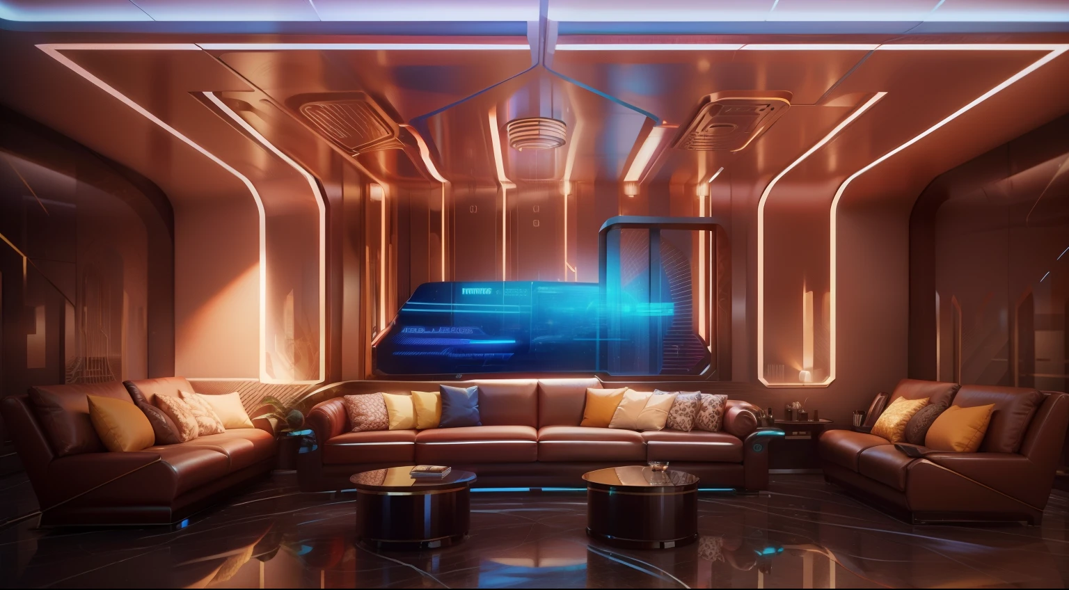 Close-up of room with sofa, table, and tv, VIP room, lounge background, futuristic room, 2 0 4 0 Game Room, virtual virtual room, red room, Bar illustration/lounge, In a cyberpunk themed room, science fiction room, gentleman's club lounge, A futuristic living room, 3D ios room photos