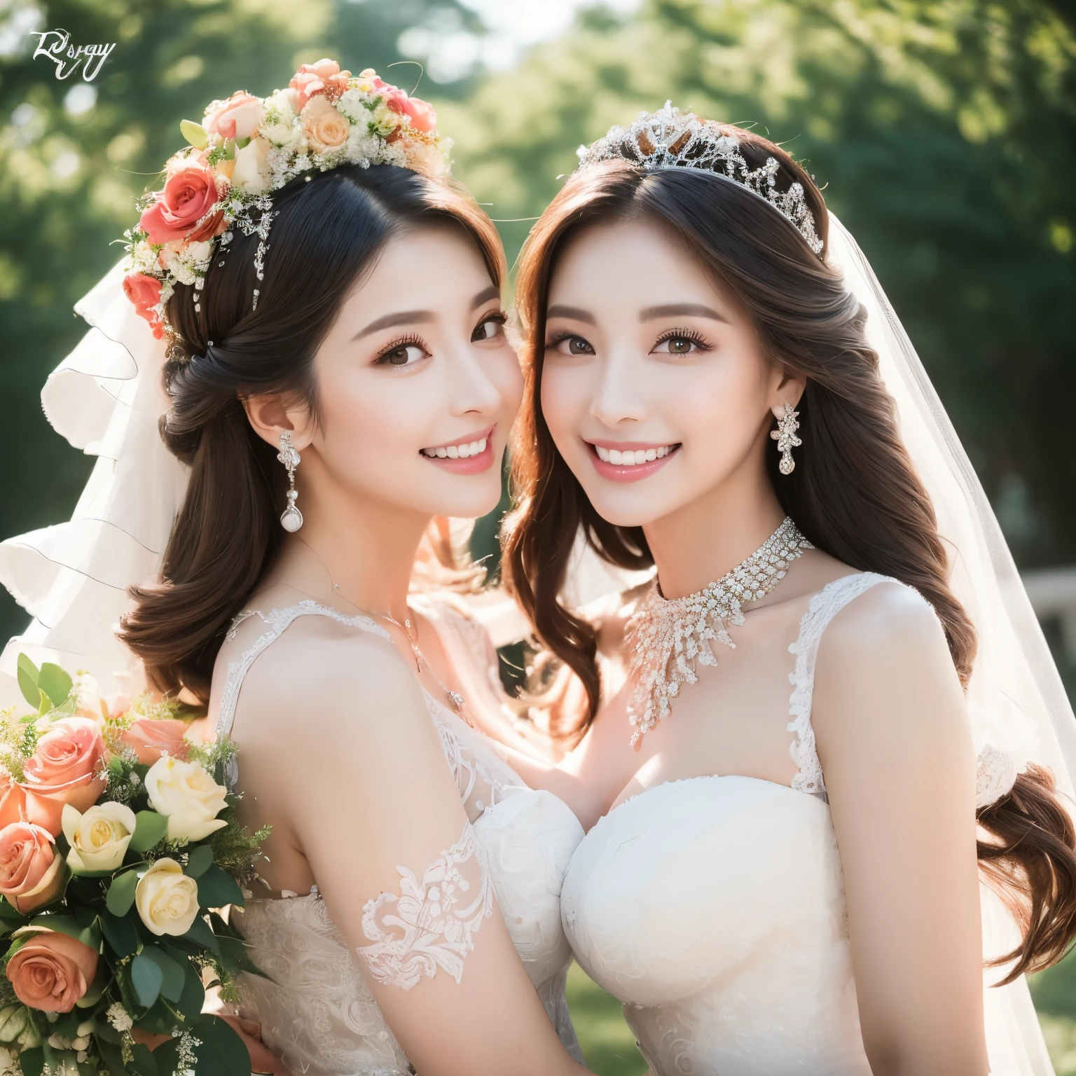 (highest quality、table top、8k、best image quality、Award-winning work)、(1 pregnant bride:1.1)、(The most extravagant and finest giant wedding dresses:1.1)、(The most luxurious and highest quality giant tiara:1.1)、(The most luxurious and highest quality giant necklace:1.1)、the biggest smile looking at me、Large amount of finest jewelry decorations、(Background of a large flower field filled with a large amount of flowers:1.1)、(Deep and wide々beautiful flower garden:1.1)、(A perfectly arranged symmetrical and regular flower garden:1.1)、(A symmetrical front composition with depth:1.3)、(A huge, high-quality flower arch made of tons of roses:1.3)、(Lots of colorful roses in pink, white and red:1.1)、fantasy、perfect makeup、long eyelashes、Super high-definition sparkling eyes、ultra high definition hair、ultra high resolution glossy lips、Super high resolution perfect teeth、Beautiful face in super high resolution、(accurate anatomy:1.1)、(Beautiful skin that shines very brightly:1.2)、(very bright and vivid:1.2)