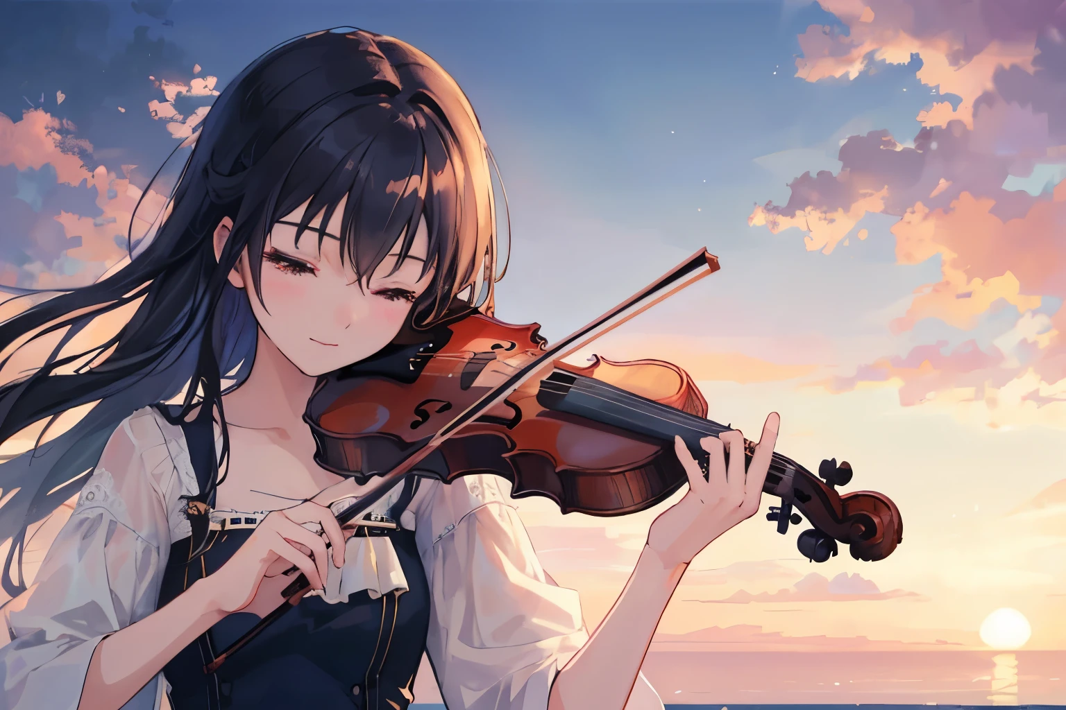 Create exquisite illustrations reminiscent of Makoto Shinkai's style, It has ultra-fine details and top-notch quality. Create a high-quality illustration of a beautiful girl playing the violin bathed in the glow of the sunset, with her eyes closed. Ensure that the overall composition evokes a sense of nostalgia and fantasy, with intricate details capturing the essence of the moment. Pay attention to elements such as the warm hues of the sunset casting gentle shadows, the delicate movement of the girl's fingers on the violin strings, and the serene expression on her face as she loses herself in the music. Aim for a finely crafted artwork that conveys the beauty and tranquility of the scene, creating a captivating and immersive atmosphere. best quality, masterpiece