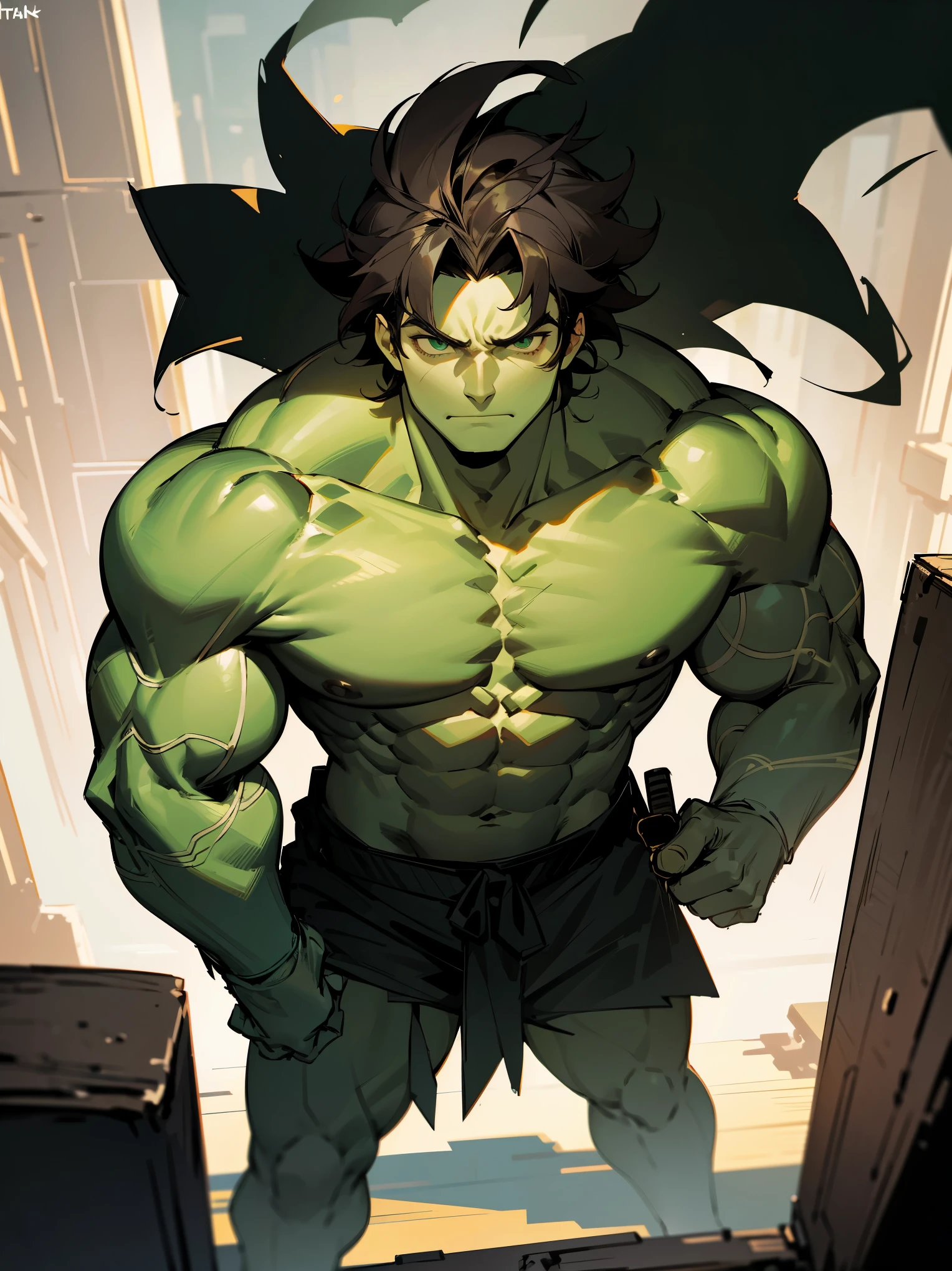 1male , Muscular , Messy Hair , Black Hair , Green Skin , Green Eyes , Serious Expression , Bulky , Defined Build , Shirtless , The Hulk , Black Combat Shorts , Standing on sidewalk , Modern City Background , Facing Viewer , Perfect Generation 