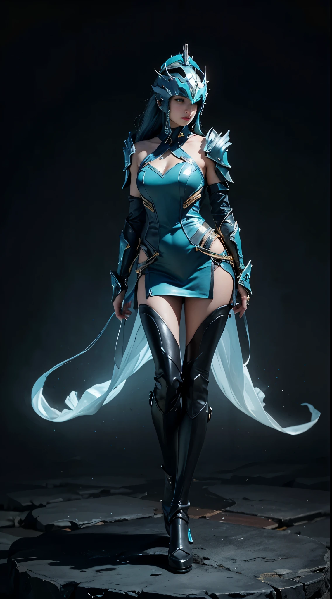 alone, Super detailed photos, Full body realistic pictures Unreal Engine 5 8K UHD, woman, White and dark gray color scheme armor, detail, cyan tattoo detail, see-through dress and shoulder pads, full face helmet, Four blue energy tentacles, best quality, masterpiece, official art, unified 8k wallpaper, Super detailed, sharp focus, dynamic poses, body parts, concept character design art.