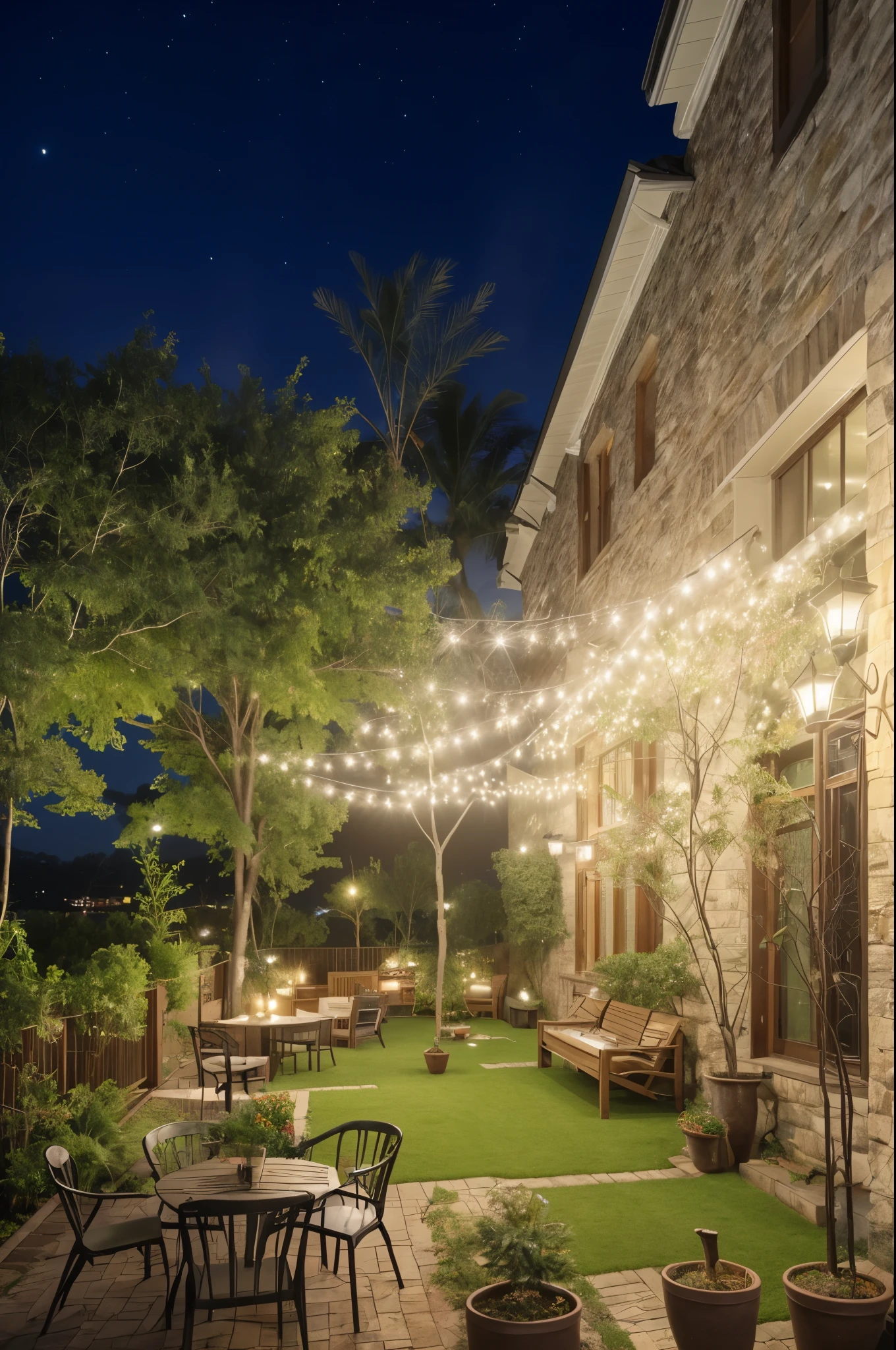 Night view of the courtyard，Equipped with table, chairs and a tree, outdoors at night, Glowing lights at night, night lighting, Photos taken at night, At night when there is light, outdoor lighting, set at night, 柔和的过滤outdoor lighting, outdoor lighting, peaceful atmosphere, Nighttime ambient lighting, at night, outdoor environment, Intricate sparkling atmosphere