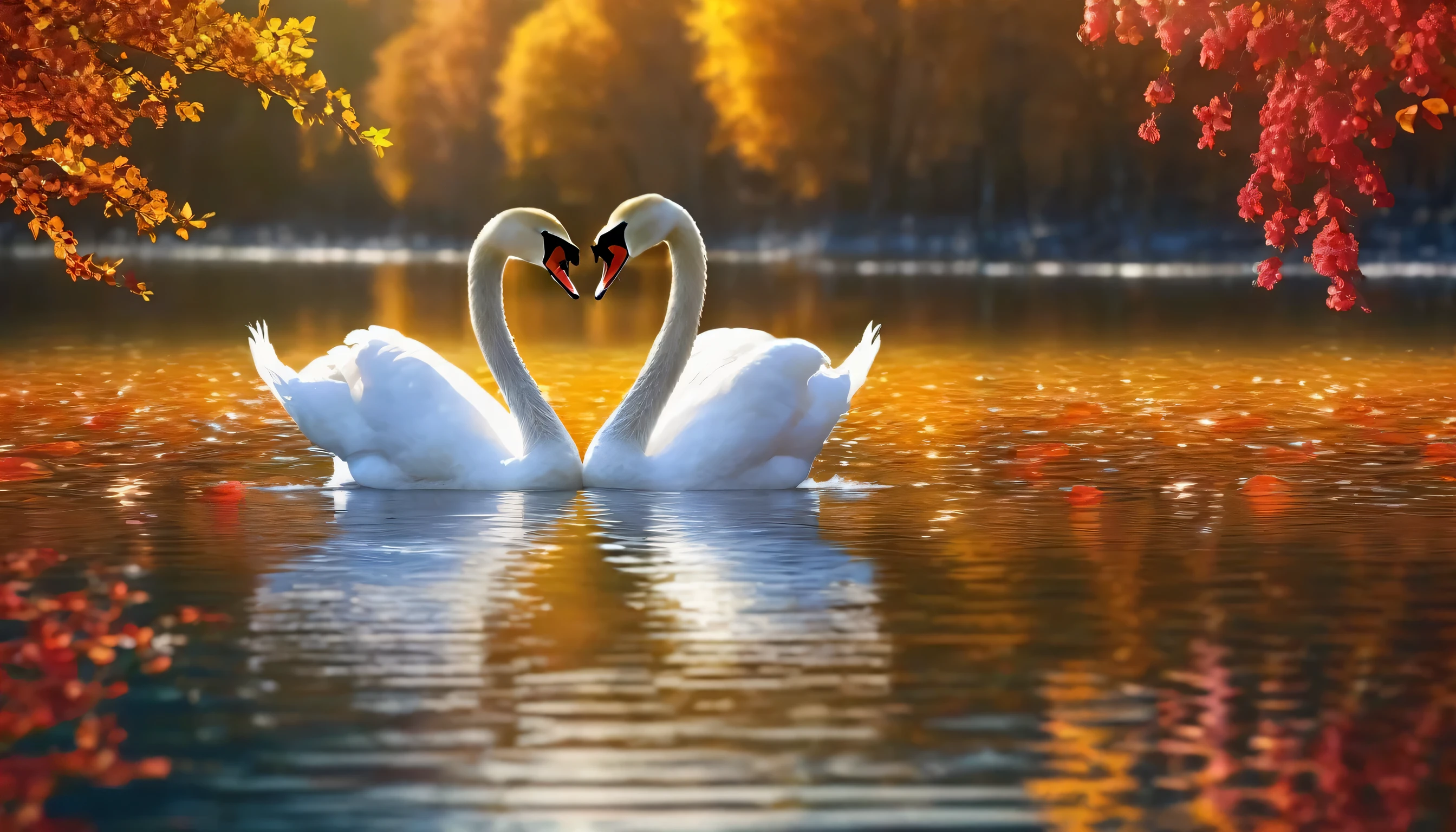 a couple of swans making a heart shape in autumn lake,beautiful swan,stylized swan,romantic scene,heart shape,morning daylight,autumn lake,(best quality,4k,8k,highres,masterpiece:1.2),spring scenery,blossoming rose flowers,vibrant colors,serene atmosphere)