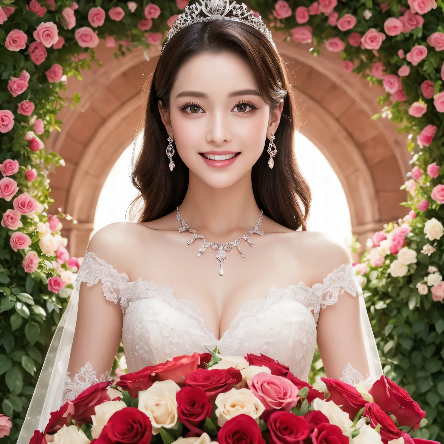 (highest quality、table top、8k、best image quality、Award-winning work)、(1 pregnant bride:1.1)、(The most extravagant and finest giant wedding dresses:1.1)、(The most luxurious and highest quality giant tiara:1.1)、(The most luxurious and highest quality giant necklace:1.1)、the biggest smile looking at me、Large amount of finest jewelry decorations、(Background of a large flower field filled with a large amount of flowers:1.1)、(Deep and wide々beautiful flower garden:1.1)、(A perfectly arranged symmetrical and regular flower garden:1.1)、(A symmetrical front composition with depth:1.3)、(A huge, high-quality flower arch made of tons of roses:1.3)、(Lots of colorful roses in pink, white and red:1.1)、fantasy、perfect makeup、long eyelashes、Super high-definition sparkling eyes、ultra high definition hair、ultra high resolution glossy lips、Super high resolution perfect teeth、Beautiful face in super high resolution、(accurate ???????:1.1)、(Beautiful skin that shines very brightly:1.2)、(very bright and vivid:1.2)