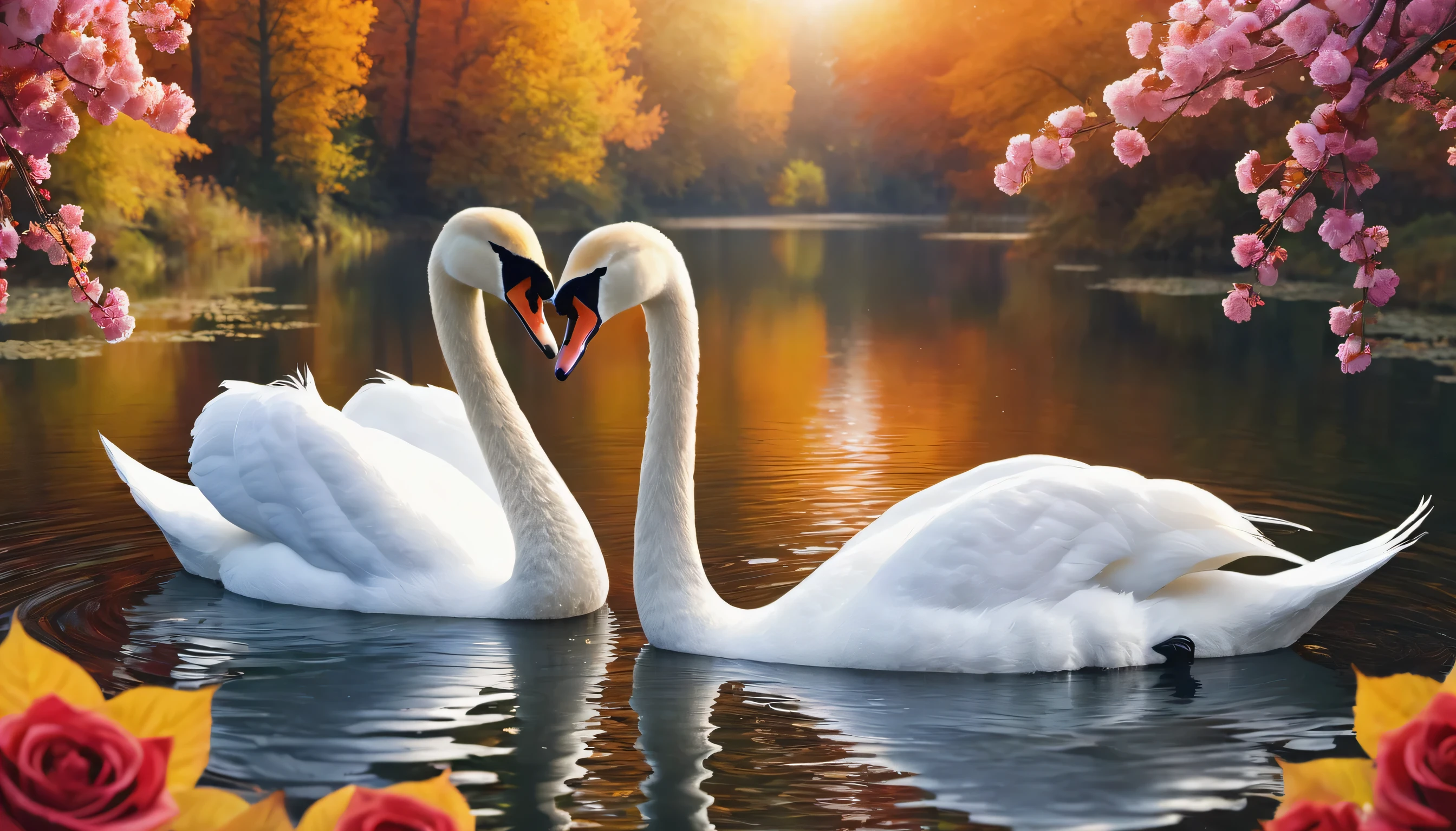 a couple of swans making a heart shape in autumn lake,beautiful swan,stylized swan,romantic scene,heart shape,morning daylight,autumn lake,(best quality,4k,8k,highres,masterpiece:1.2),spring scenery,blossoming rose flowers,vibrant colors,serene atmosphere)