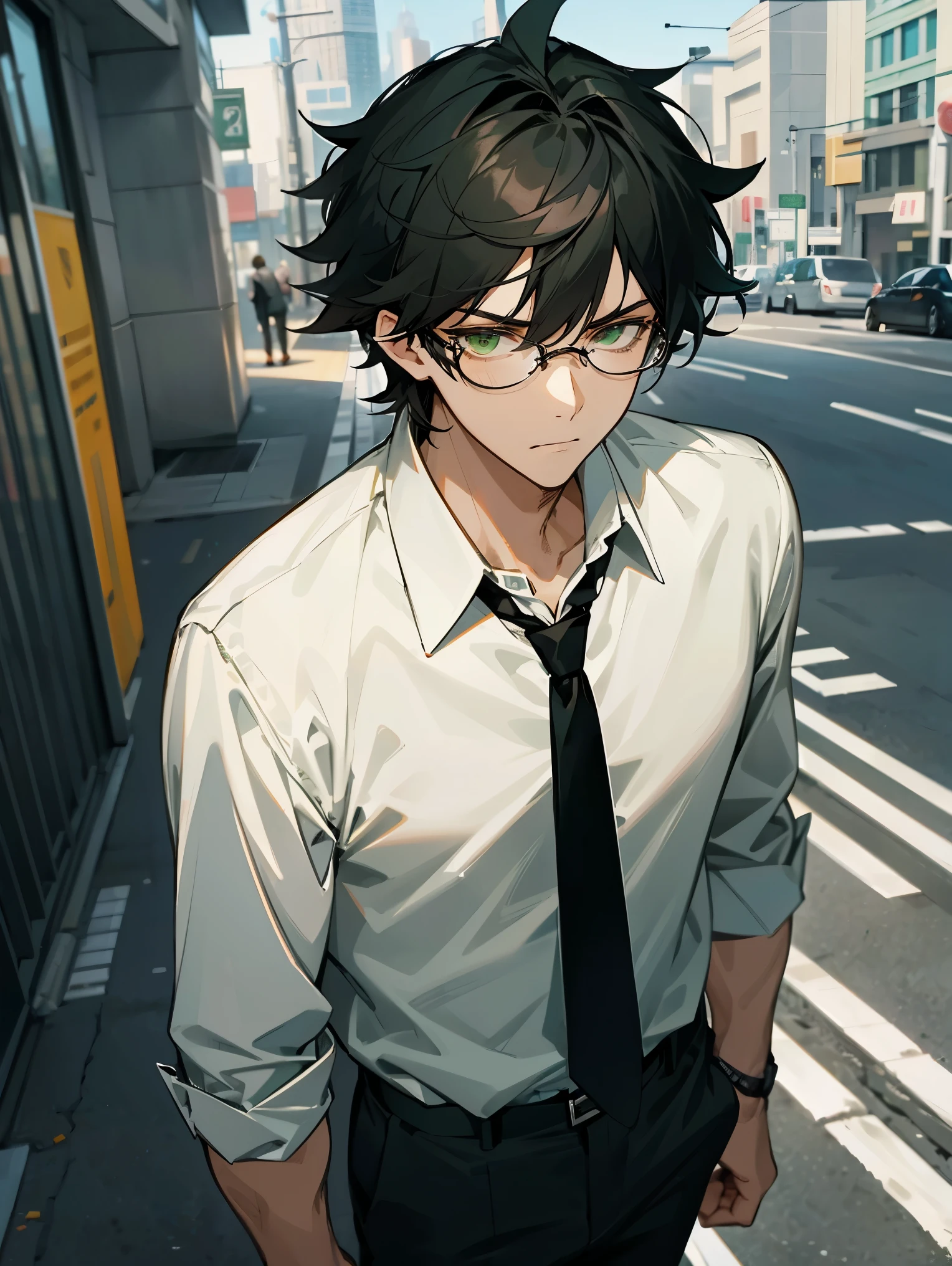 1male , Messy Hair , Black Hair , Green Skin , Green Eyes , Serious Expression ,Button Up Shirt and Black Tie ,Glasses , Casual Office Clothing , Standing on sidewalk , Modern City Background , Facing Viewer , Perfect Generation , Adult Male